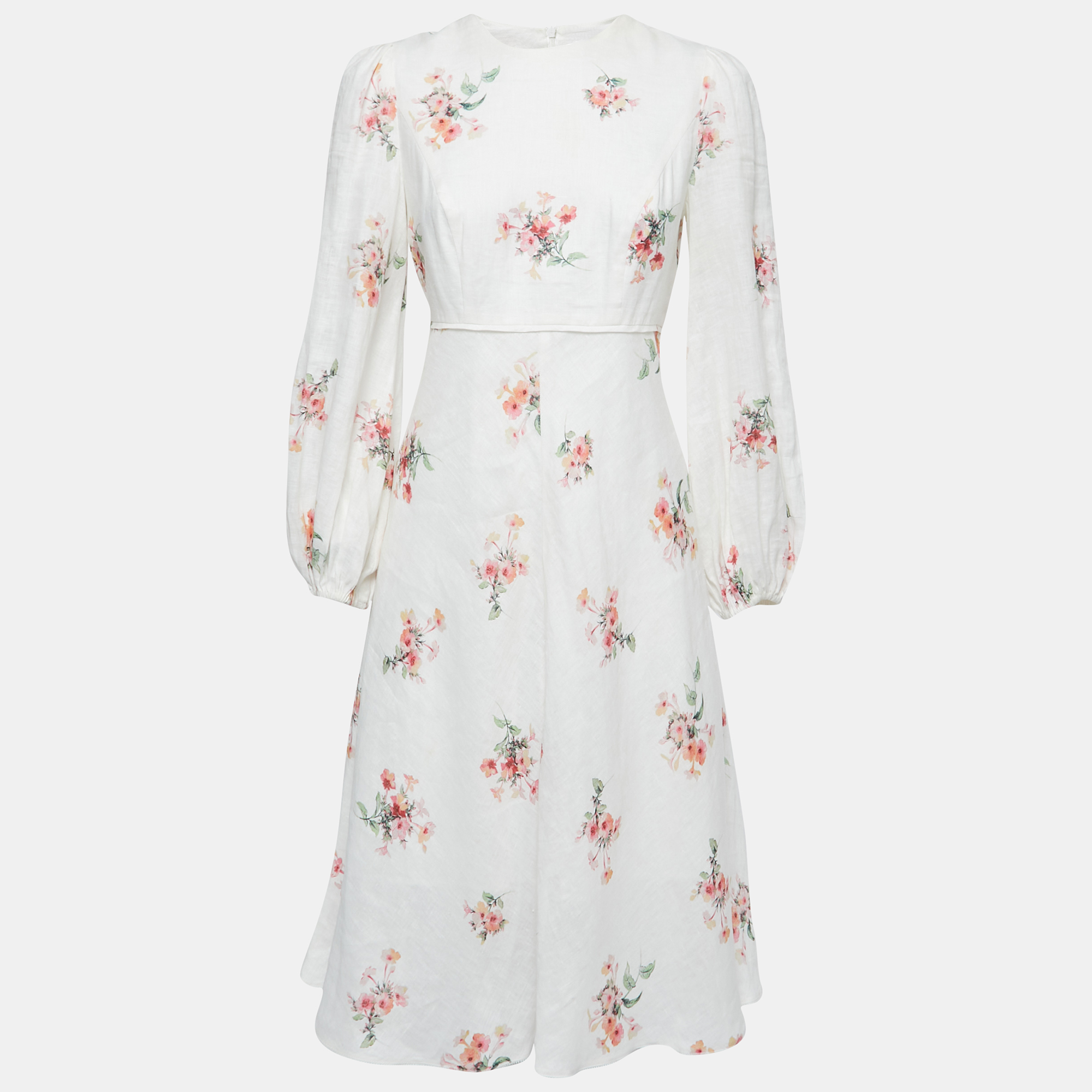 Pre Owned Zimmermann White Floral Printed Linen Long Sleeve Midi Dress M