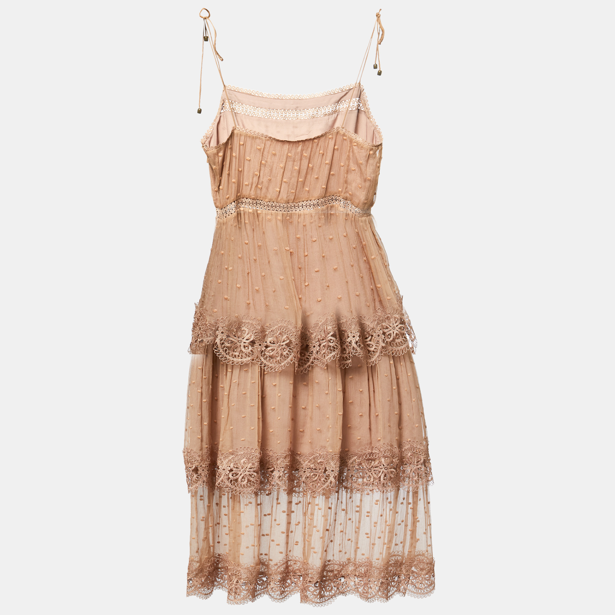 

Zimmermann Brown Dotted Chiffon Lace Trimmed Midi Dress