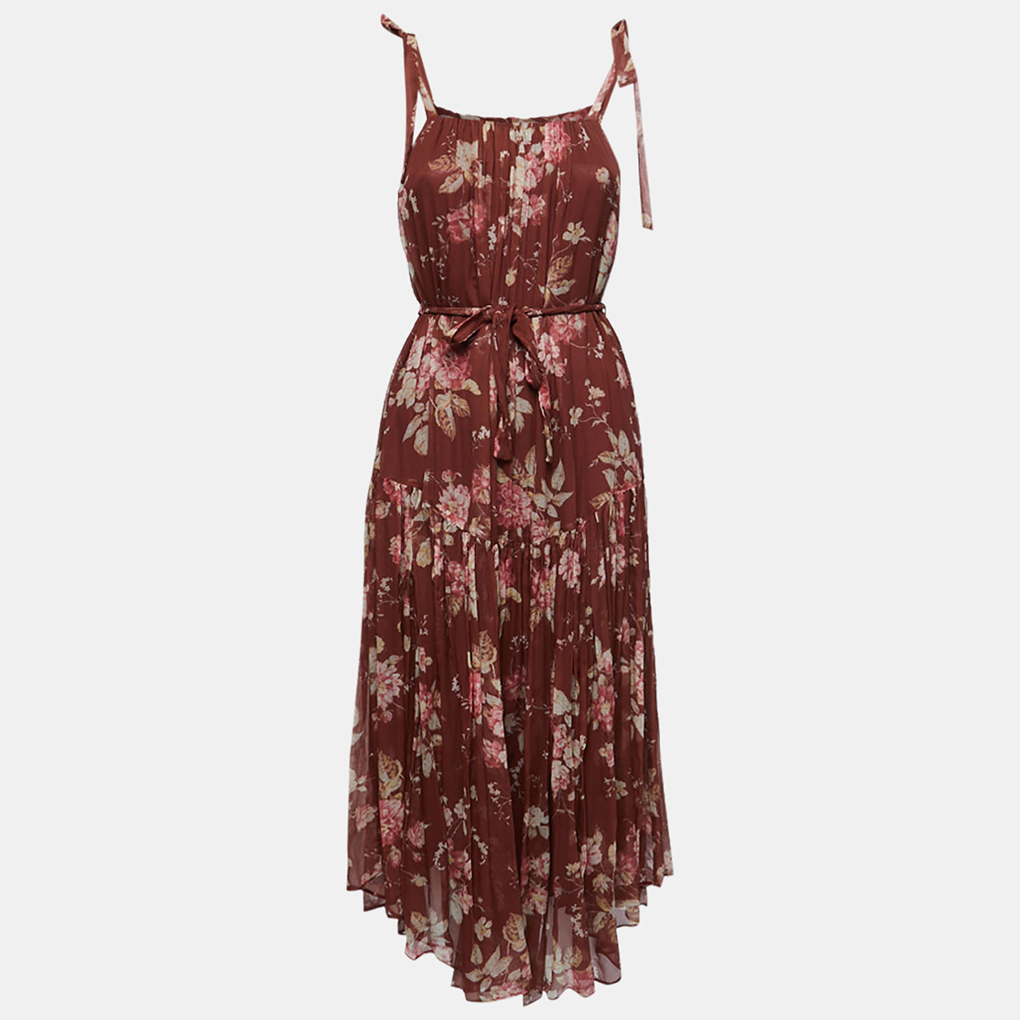 Burgundy Floral Printed Silk Sleeveless Midi Dress