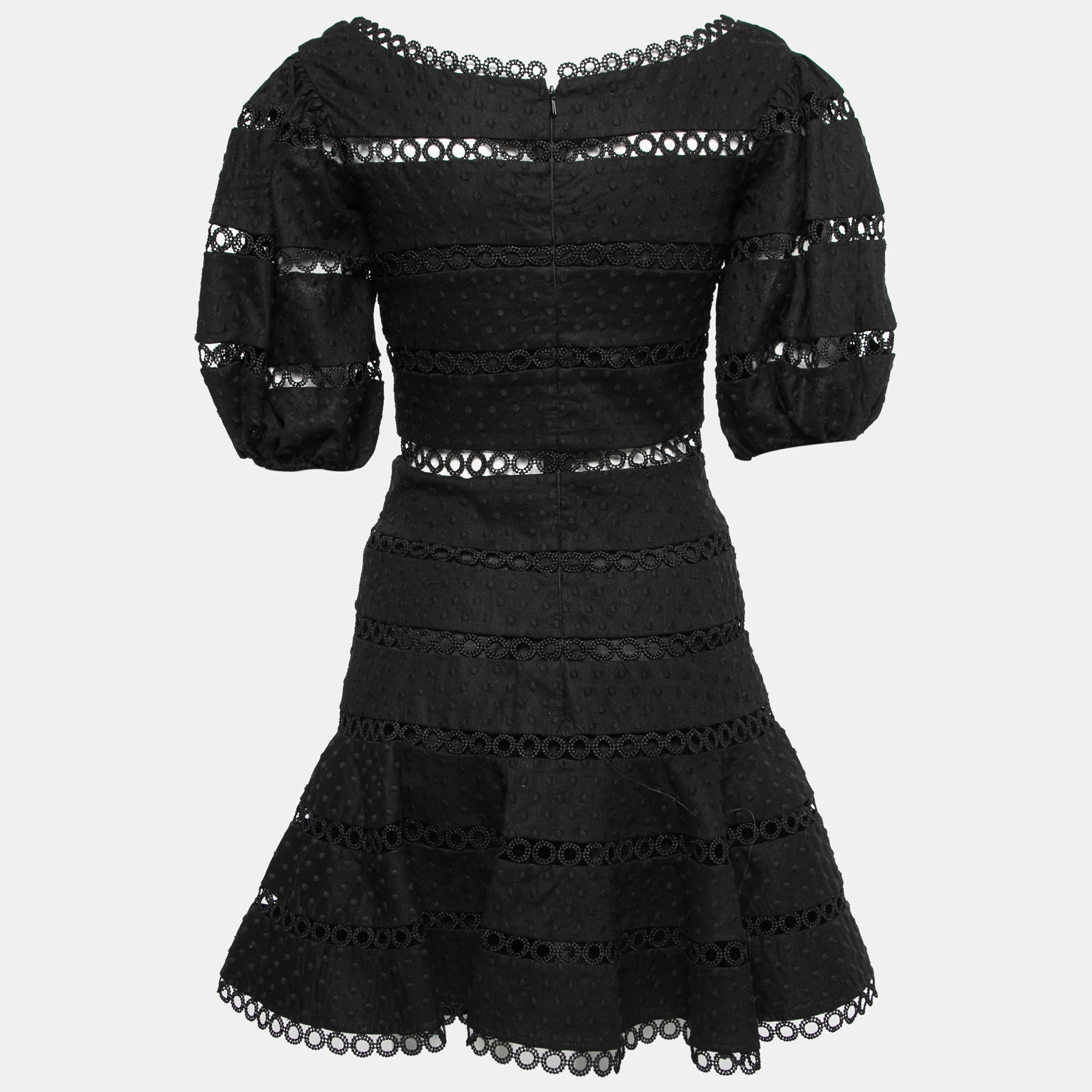 

Zimmermann Black Dotted Cotton & Linen Lace Trimmed Flared Dress