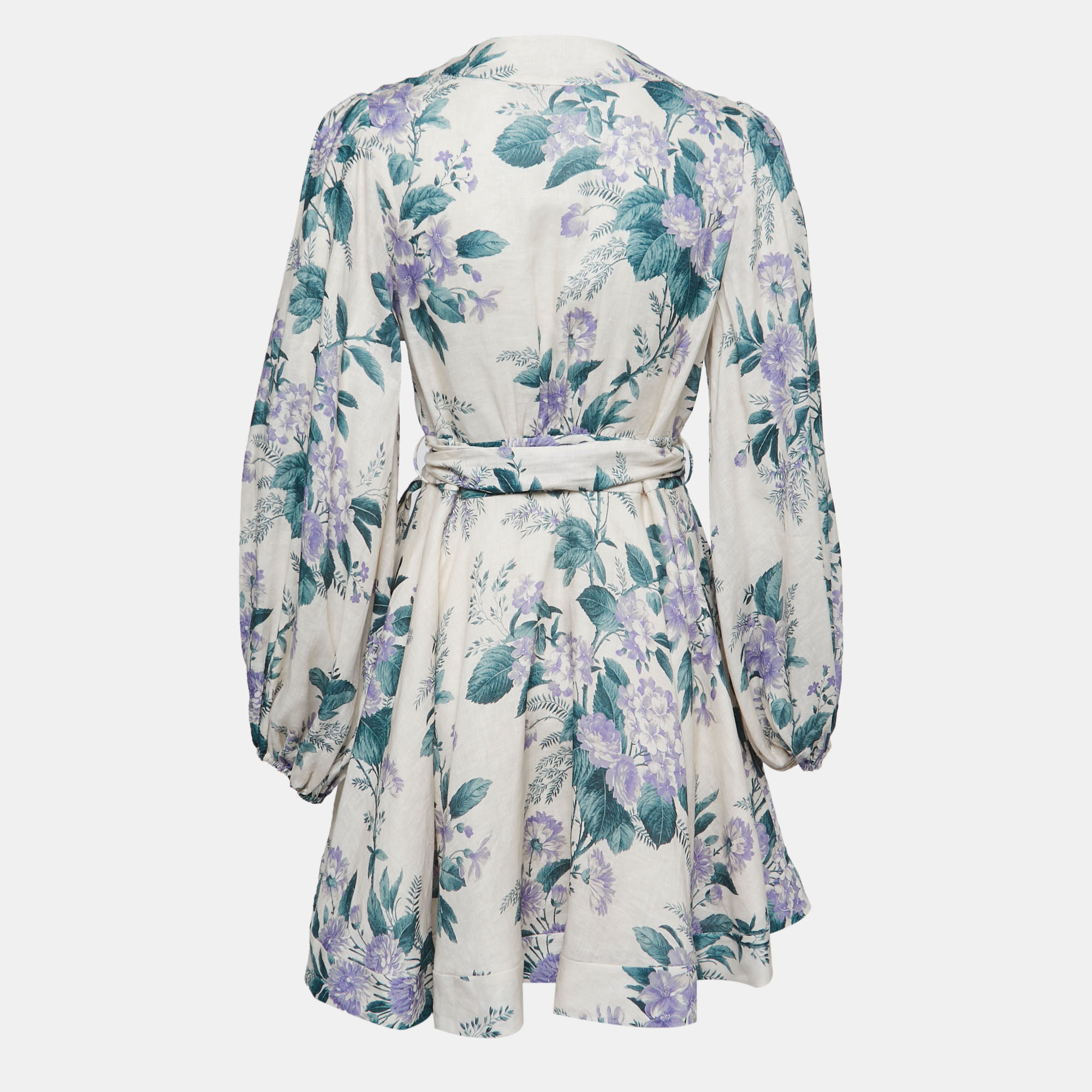 

Zimmermann Off White Floral Printed Linen Wrap Mini Dress