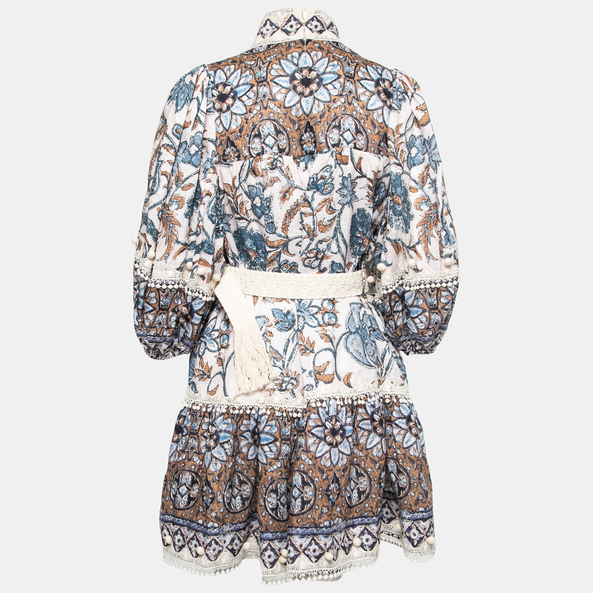 

Zimmermann Blue Printed Linen High Neck Belted Mini Dress