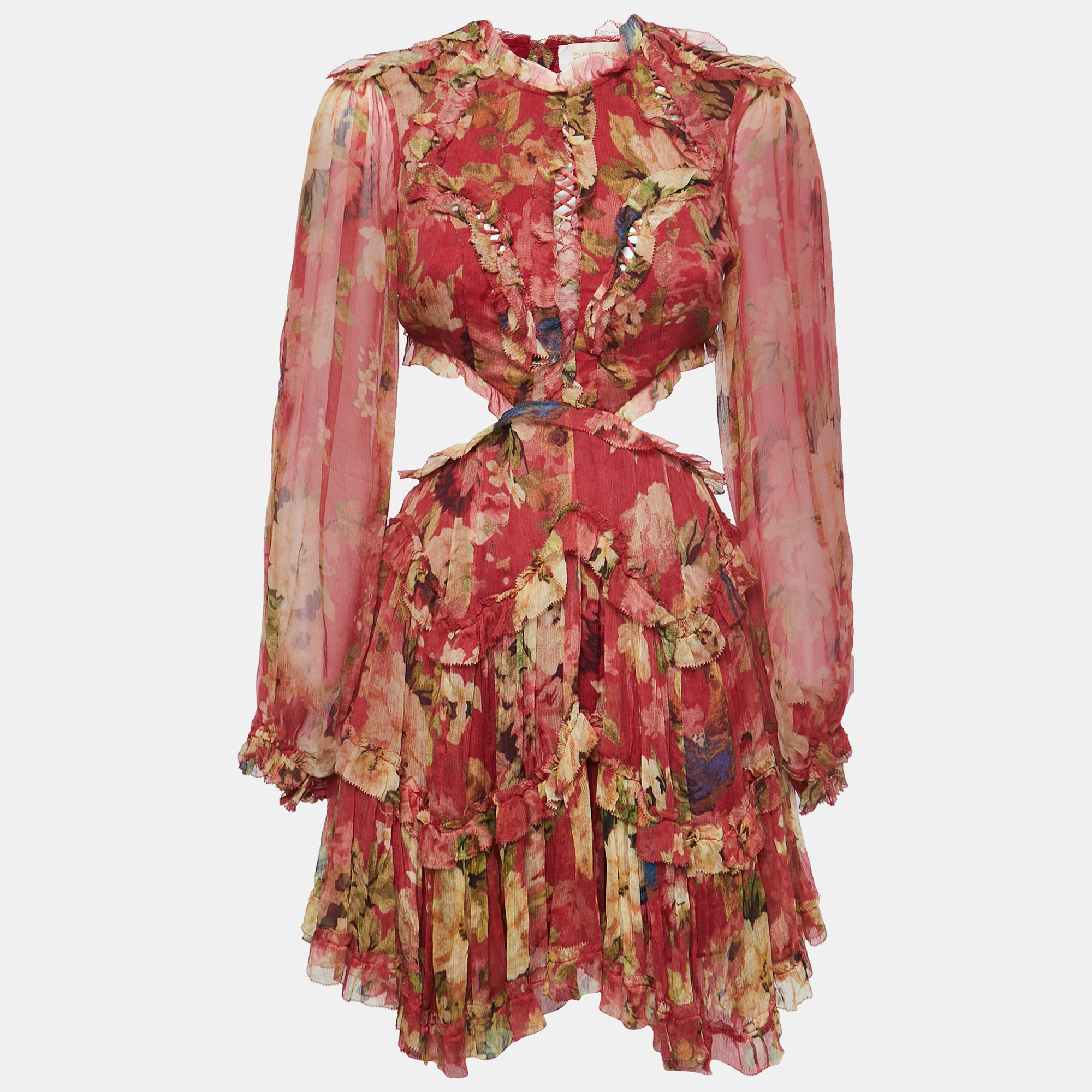 مملوكة مسبقًا Zimmermann Red Floral Printed Chiffon Ruffled Backless Mini Dress M