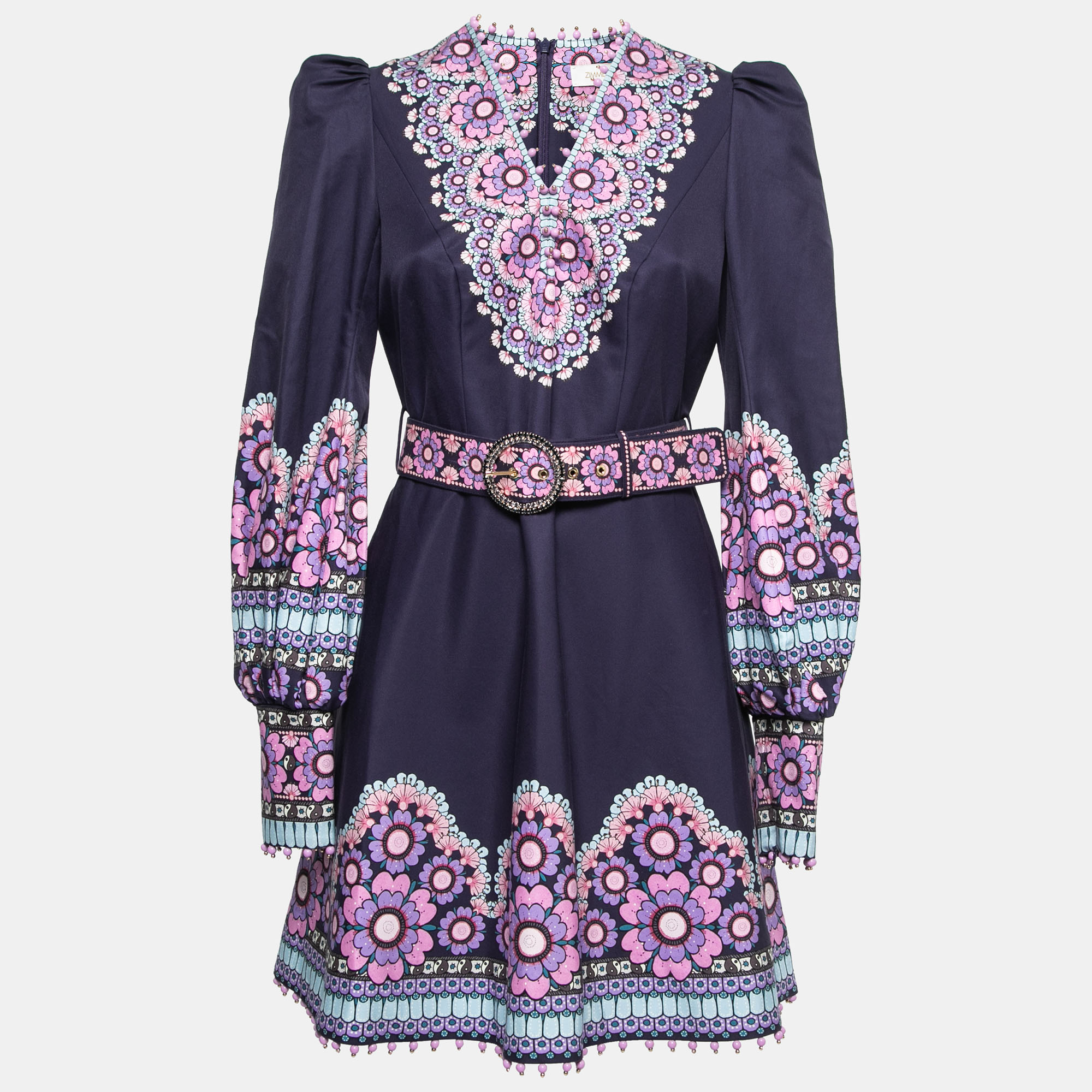 Pre Owned Zimmermann Navy Blue Daisy Print Silk Blend V-Neck Beaded Mini Dress M