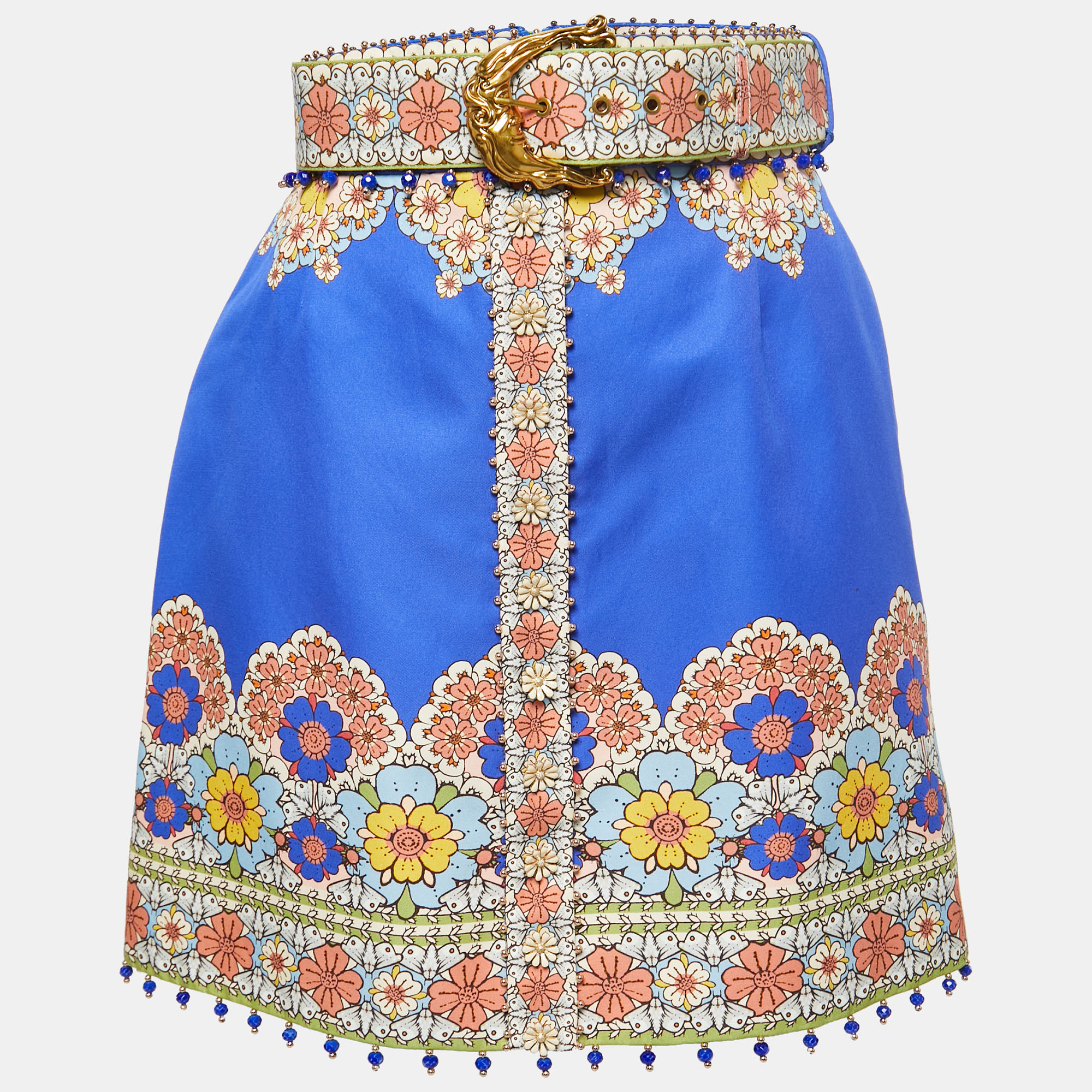 Pre Owned Zimmermann Blue Floral Printed Cotton Belted Mini Skirt S