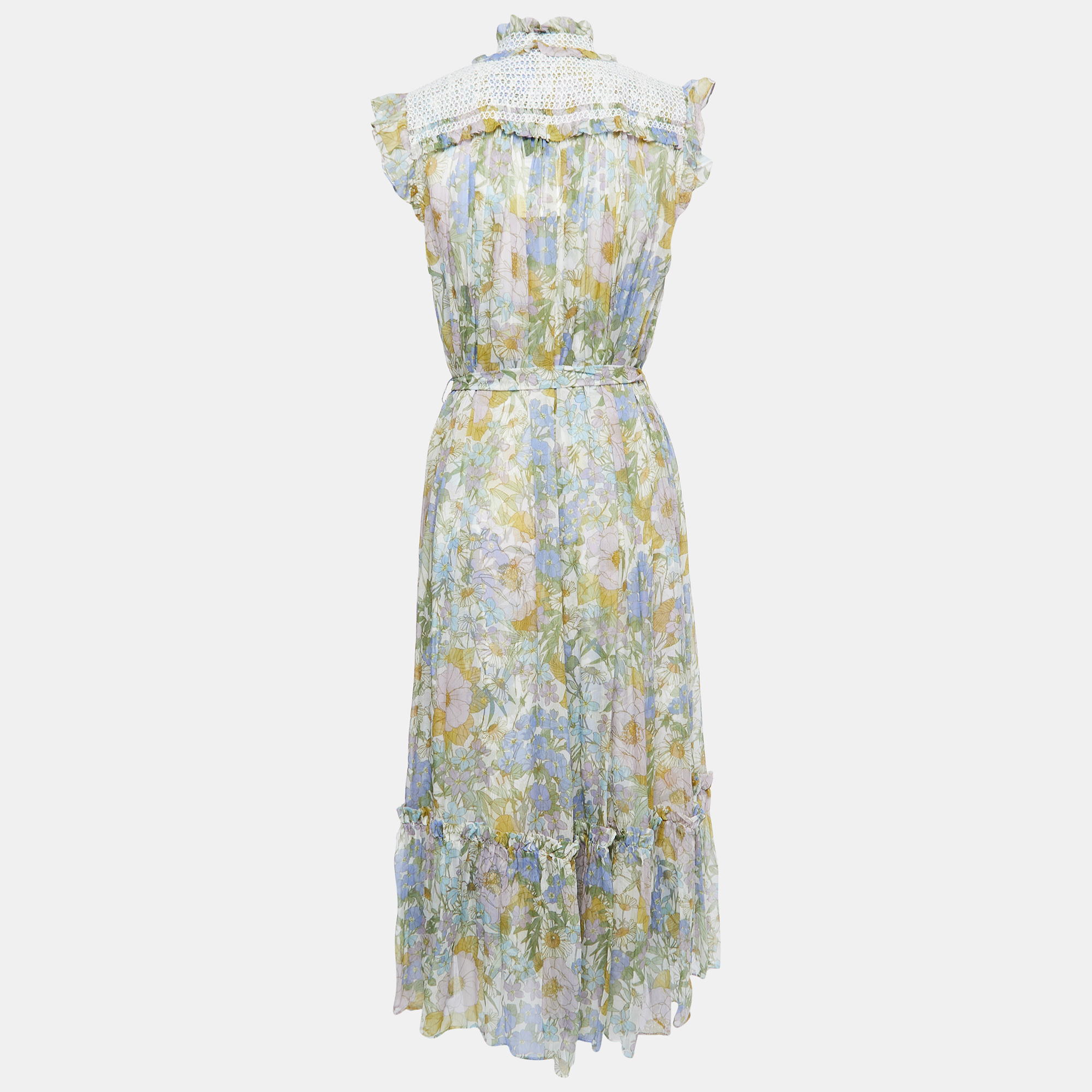 

Zimmermann Multicolor Floral Printed Silk Tie Detail Midi Dress