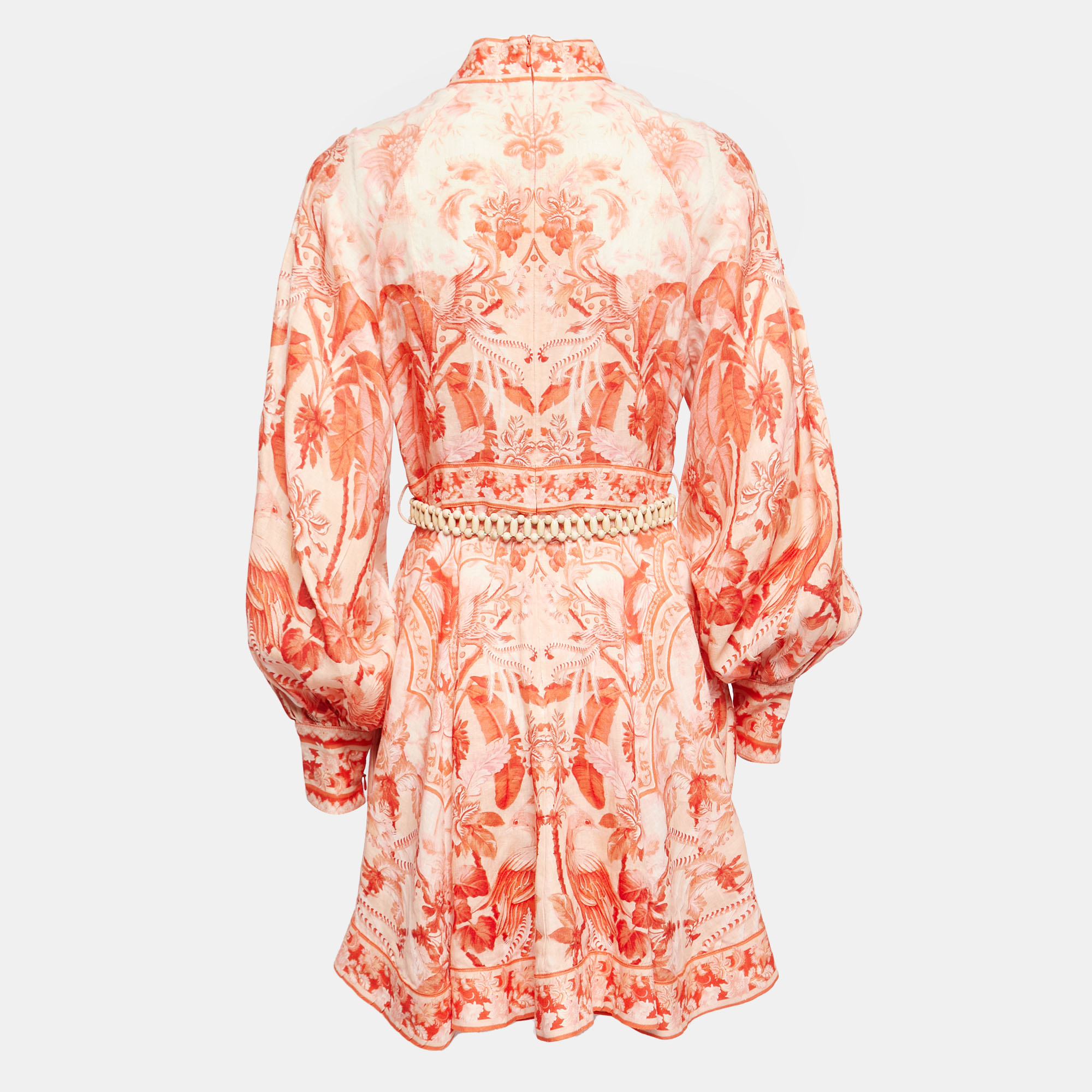 

Zimmermann Orange Floral Printed Linen Wooden Beads Belted Mini Dress