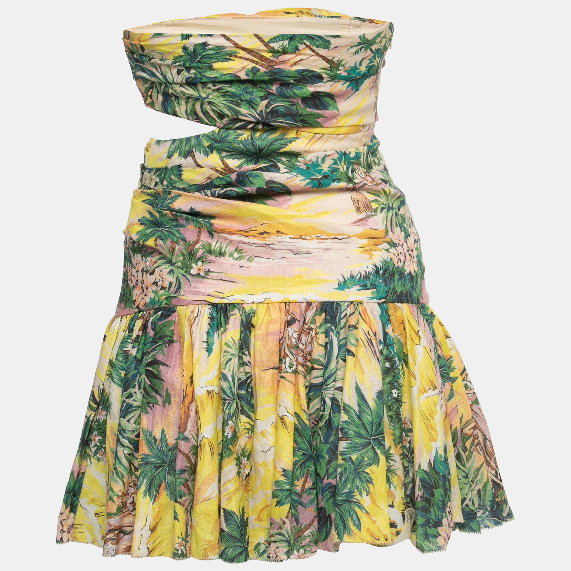 

Zimmermann Yellow Cutout Printed Linen Strapless Mini Dress
