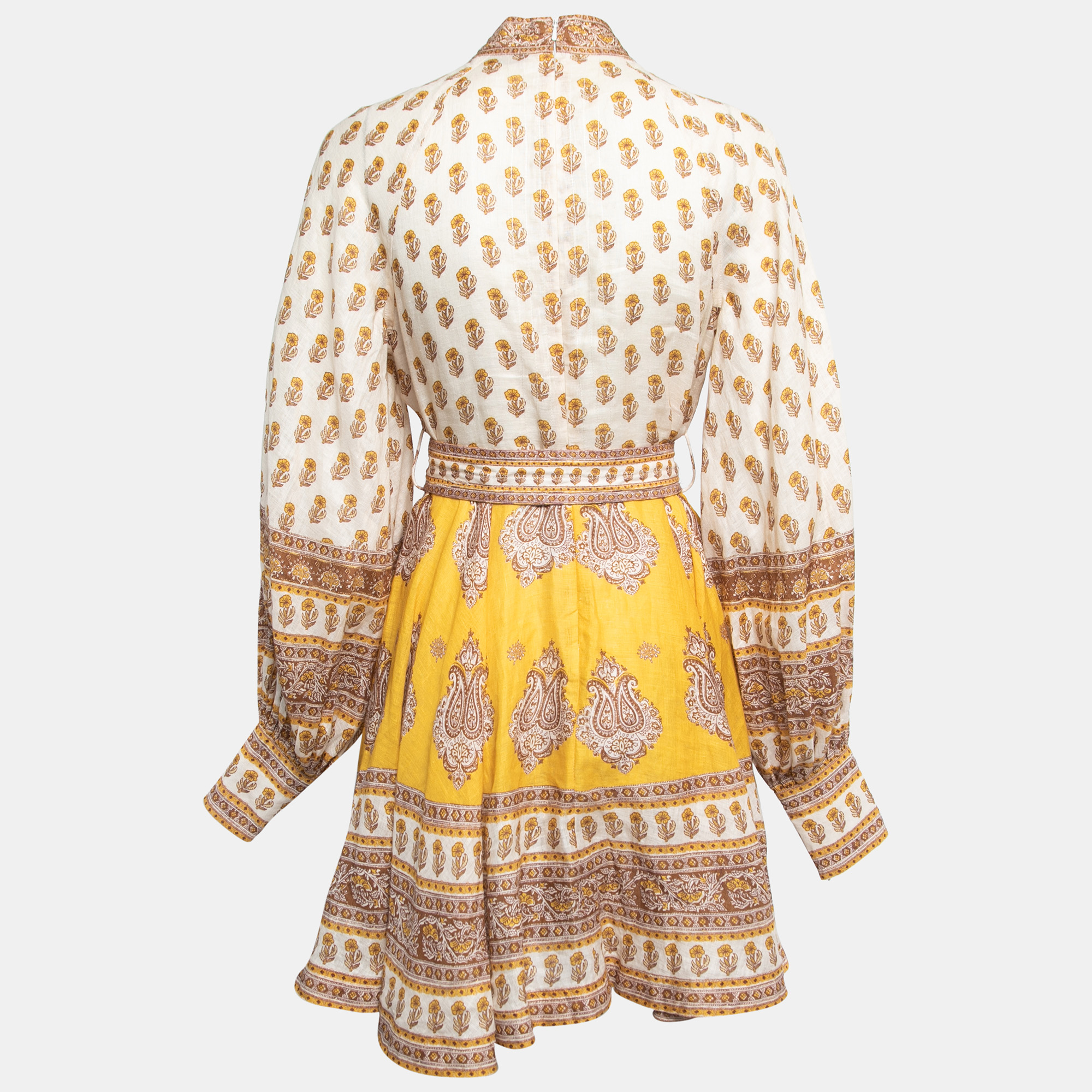 

Zimmermann Cream & Yellow Paisley Printed Linen Belted Mini Dress