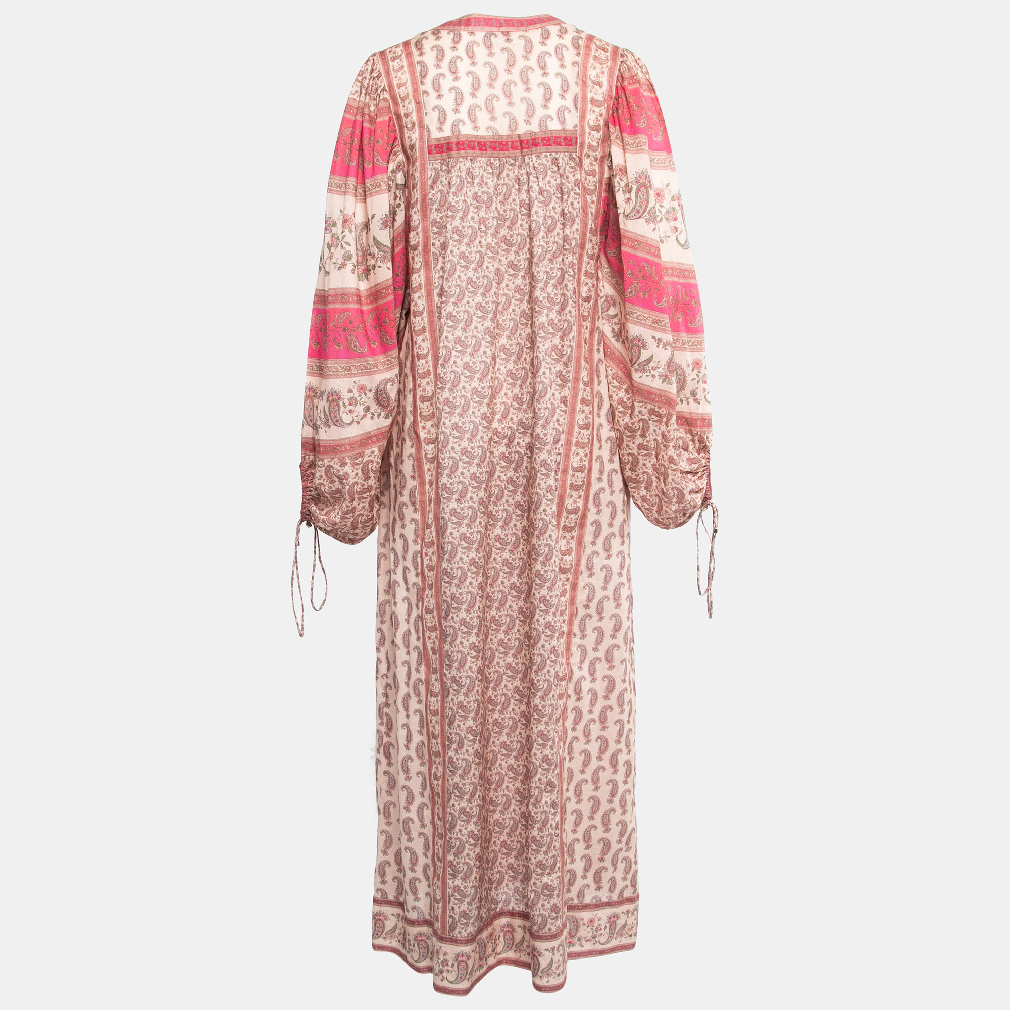 

Zimmermann Pink Paisley Printed Cotton Long Puff Sleeve V-Neck Maxi Dress