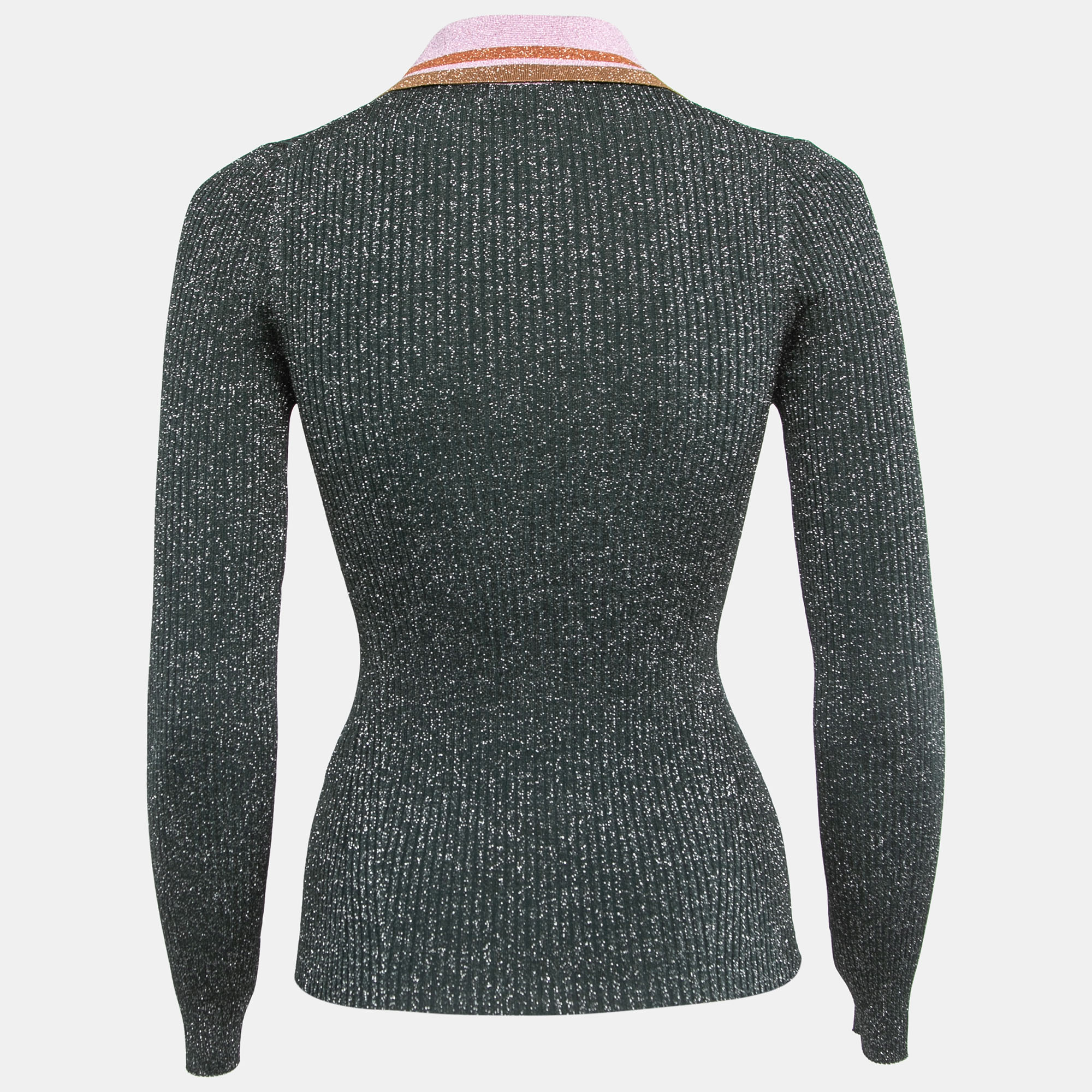 

Zimmermann Green Ribbed Lurex Knit Long Sleeve Collared Top