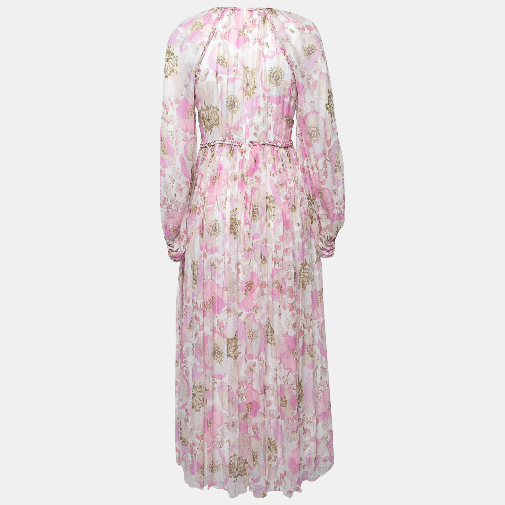 

Zimmermann Pink Floral Printed Silk Chiffon Braid Detailed Long Sleeve Gown