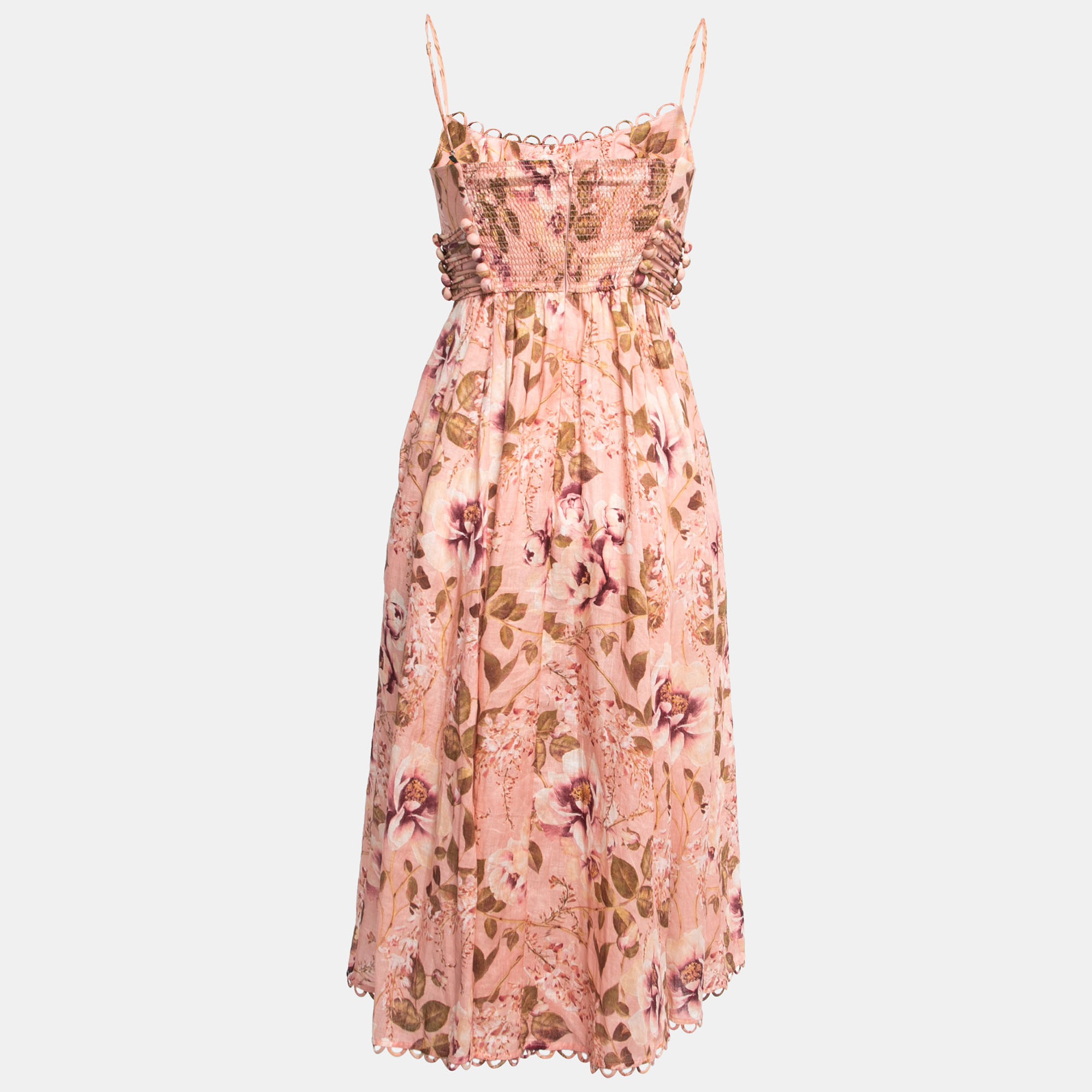 

Zimmermann Pink Floral Print Linen Strappy Midi Dress