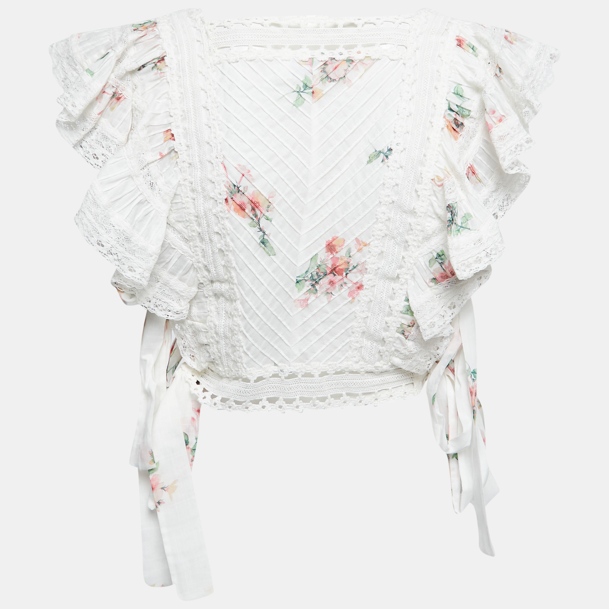

Zimmermann White Floral Printed Cotton Lace Trimmed Side Tie Detail Crop Top