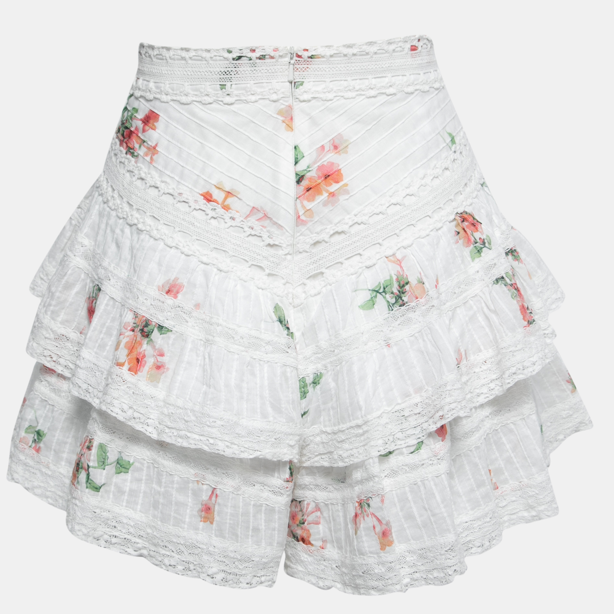 

Zimmermann White Floral Printed Cotton Lace Trimmed Shorts