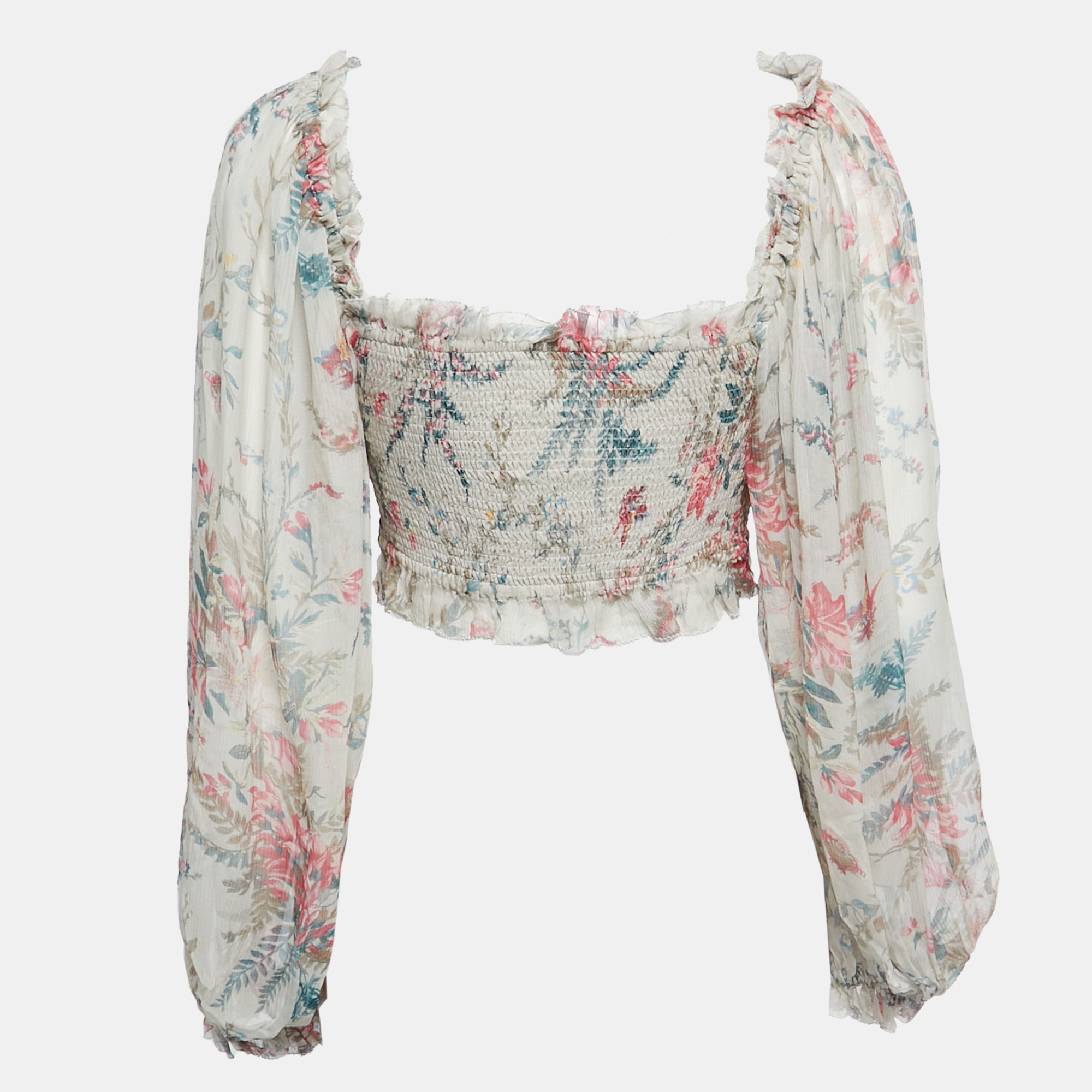 

Zimmermann Multicolor Printed Silk Chiffon Shirred Long Sleeve Crop Top