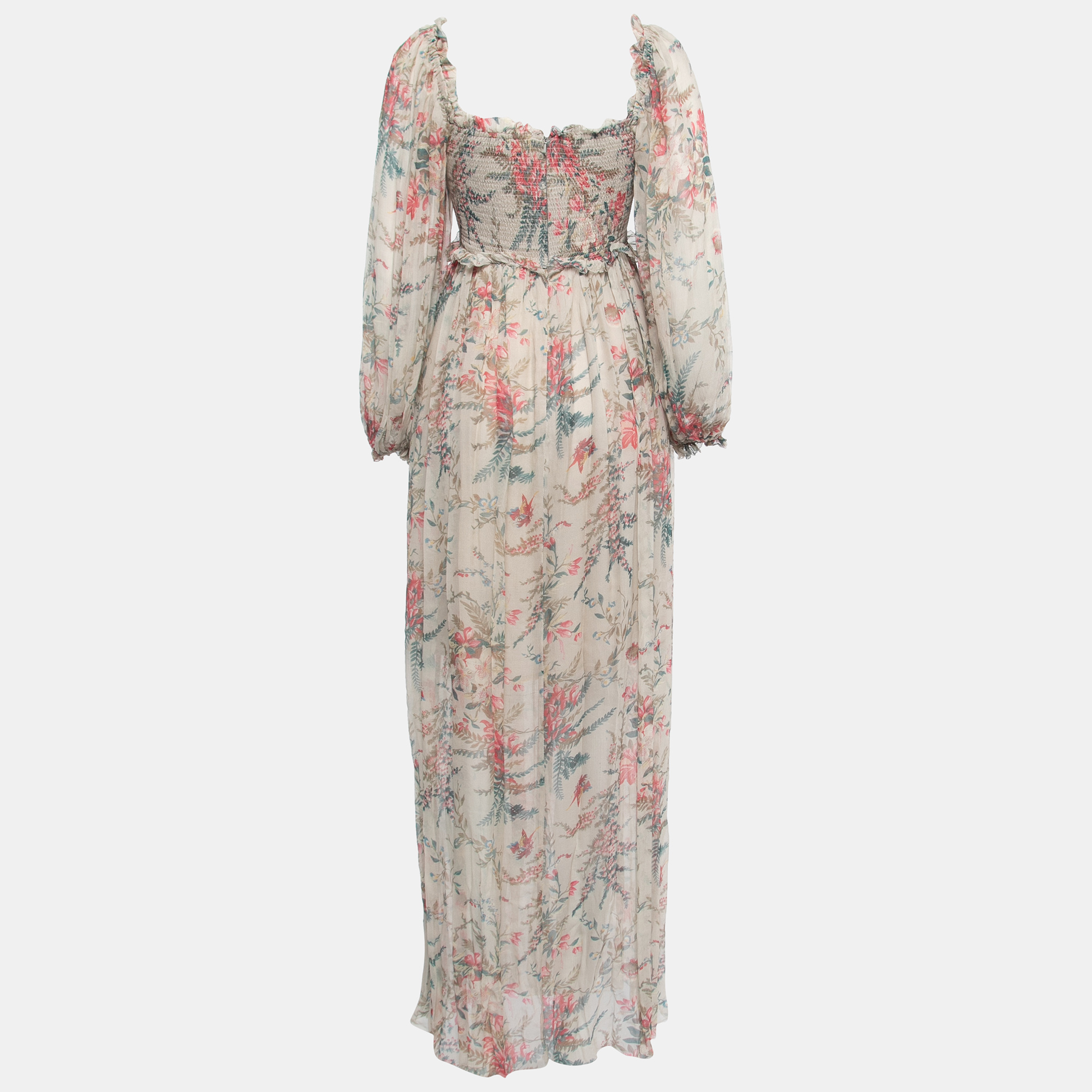 

Zimmermann Multicolor Printed Silk Chiffon Shirred Long Sleeve Maxi Dress