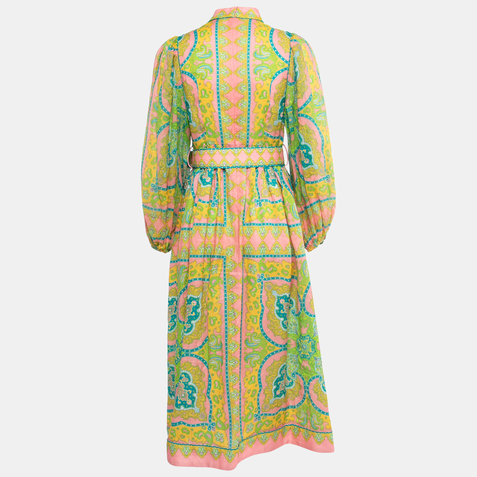 

Zimmermann Pink/Multicolor Paisley Printed Linen Belted Midi Dress