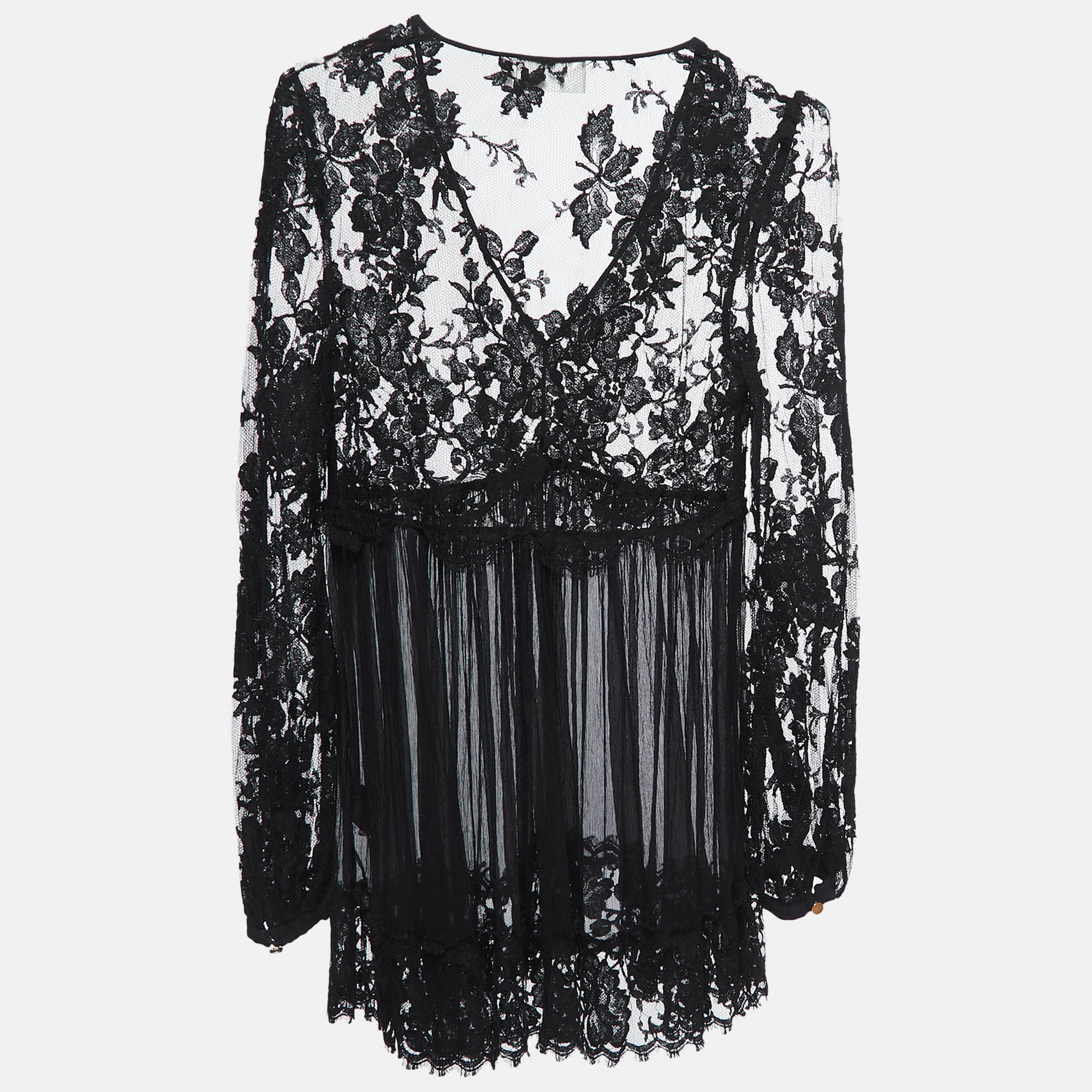 

Zimmermann Black Silk Chiffon Lace Trimmed Long Sleeve A-Line Blouse