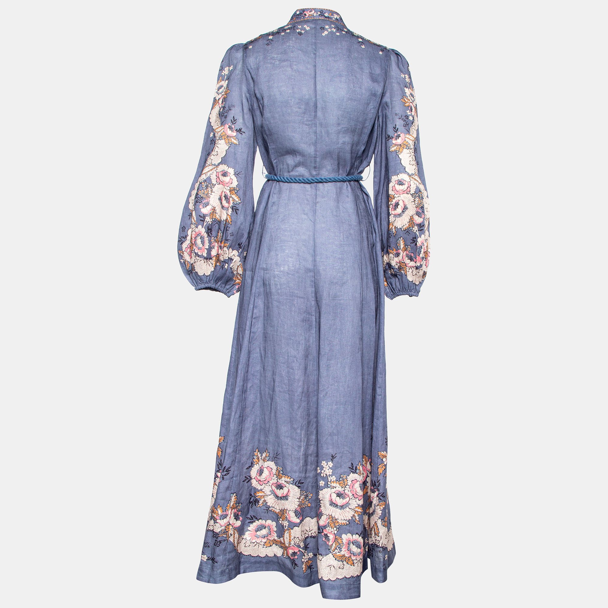 

Zimmermann Blue Floral Printed Linen Vitali Belted Maxi Dress