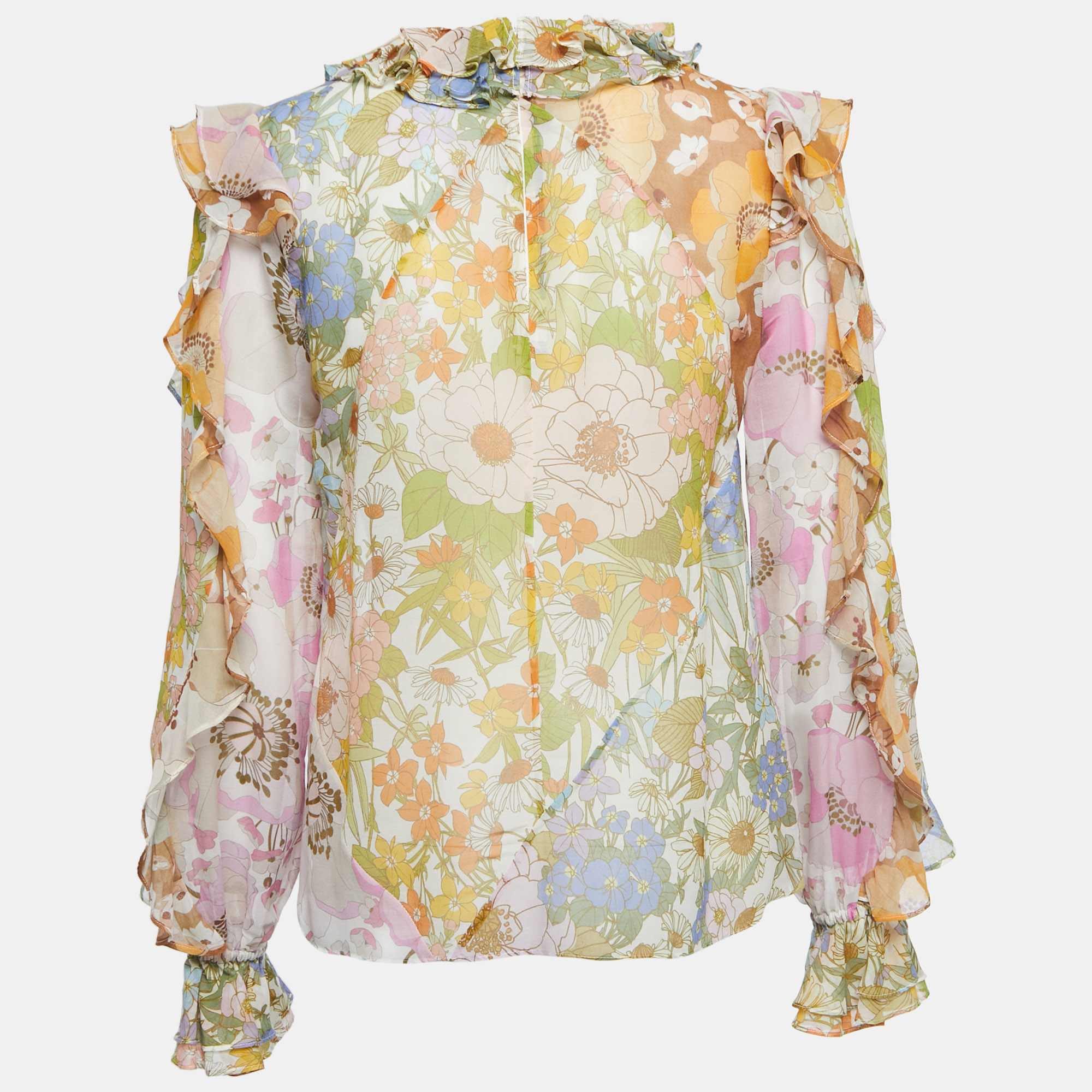 

Zimmermann Multicolor Floral Printed Cotton & Silk Ruffled Blouse