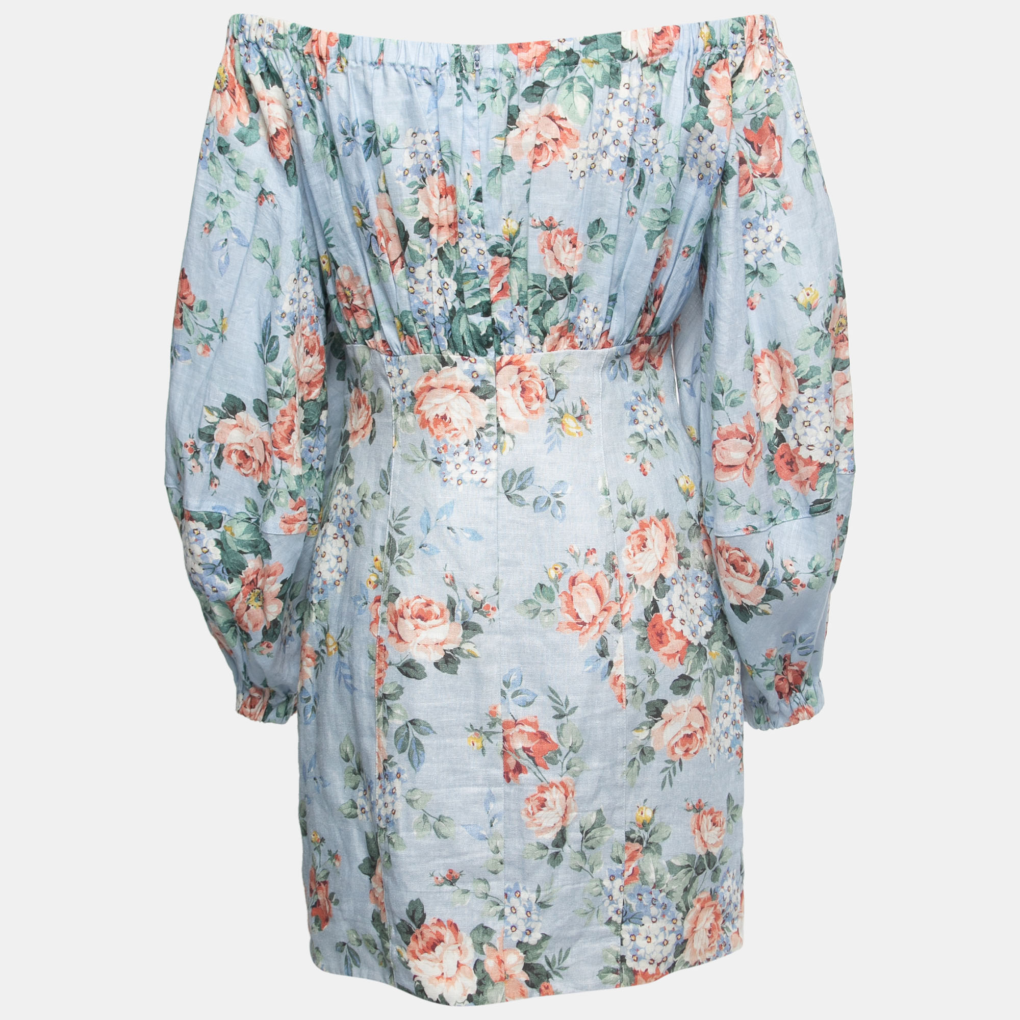 

Zimmermann Blue Floral Printed Linen Off Shoulder Mini Dress