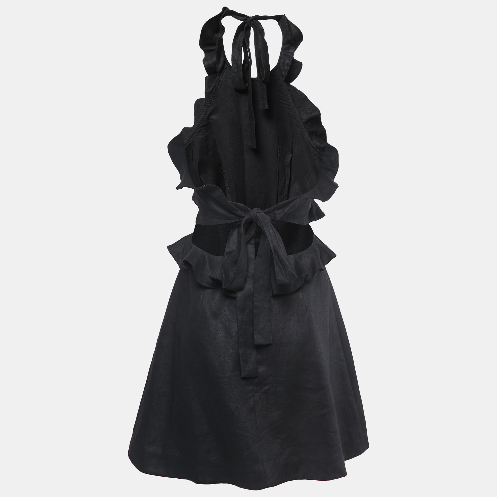 

Zimmermann Black Linen Ruffled Tie-Back Mini Dress