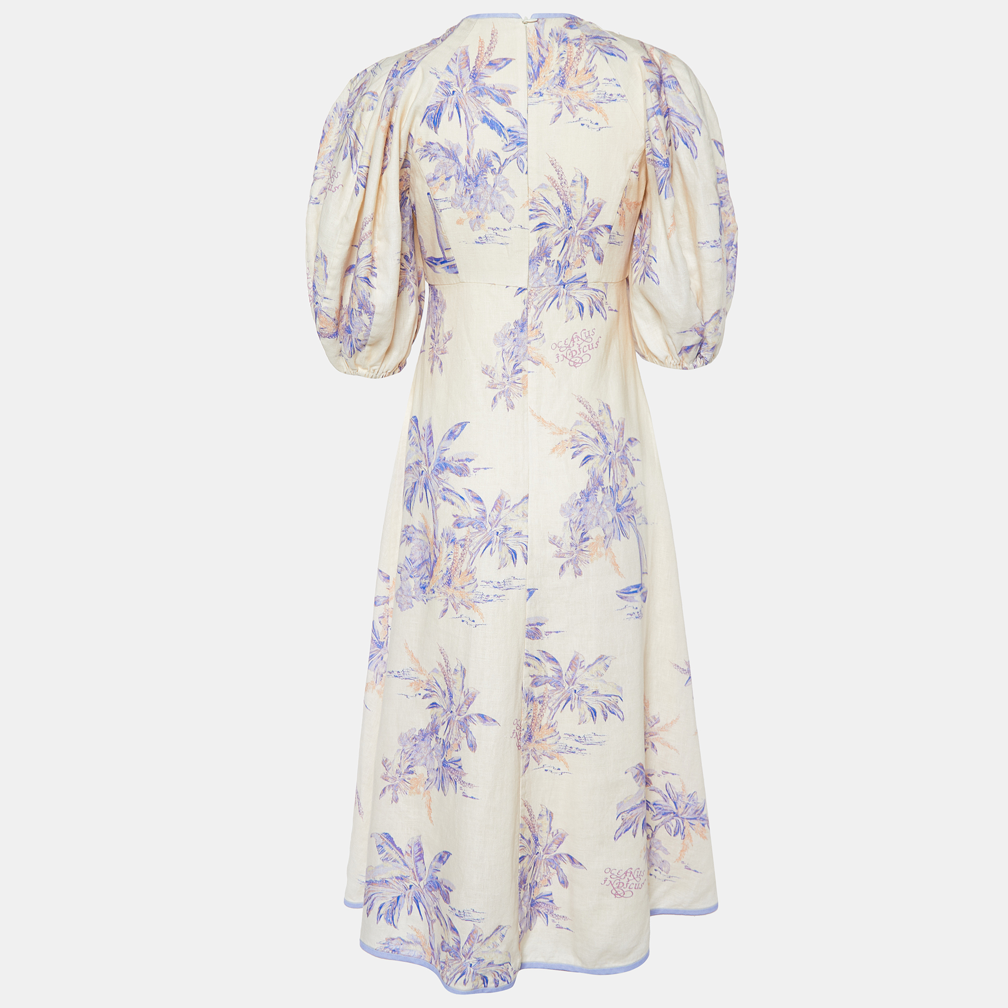 

Zimmermann Cream Floral Printed Linen Puff Sleeve Midi Dress