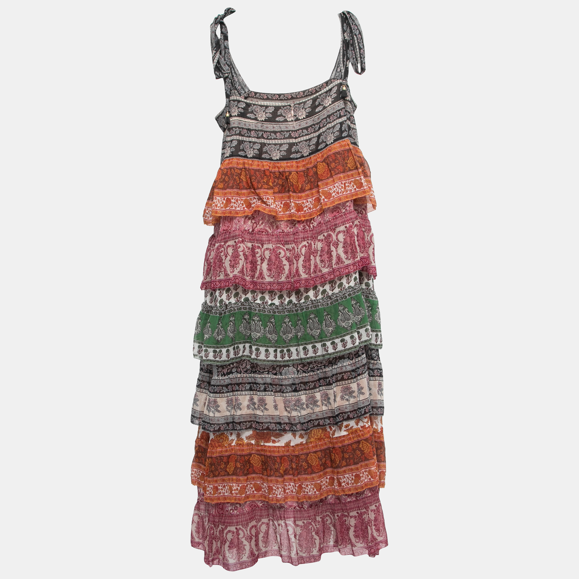 

Zimmermann Multicolor Paisley Printed Silk Tiered Midi Dress