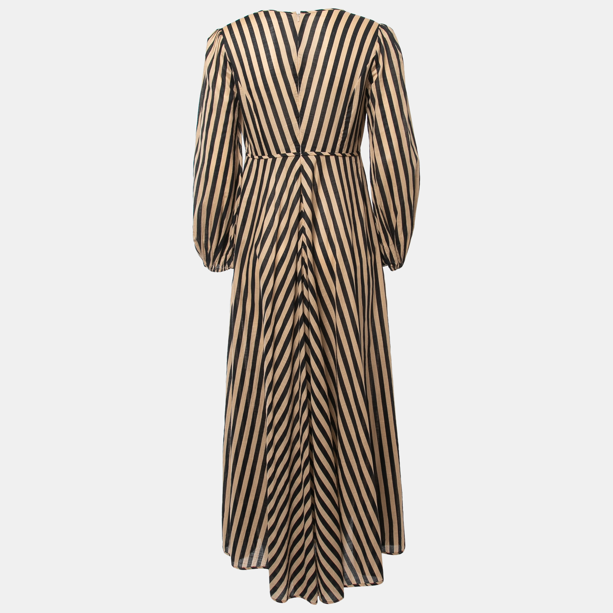

Zimmermann Brown/Black Striped Cotton Plunge Neck Maxi Dress
