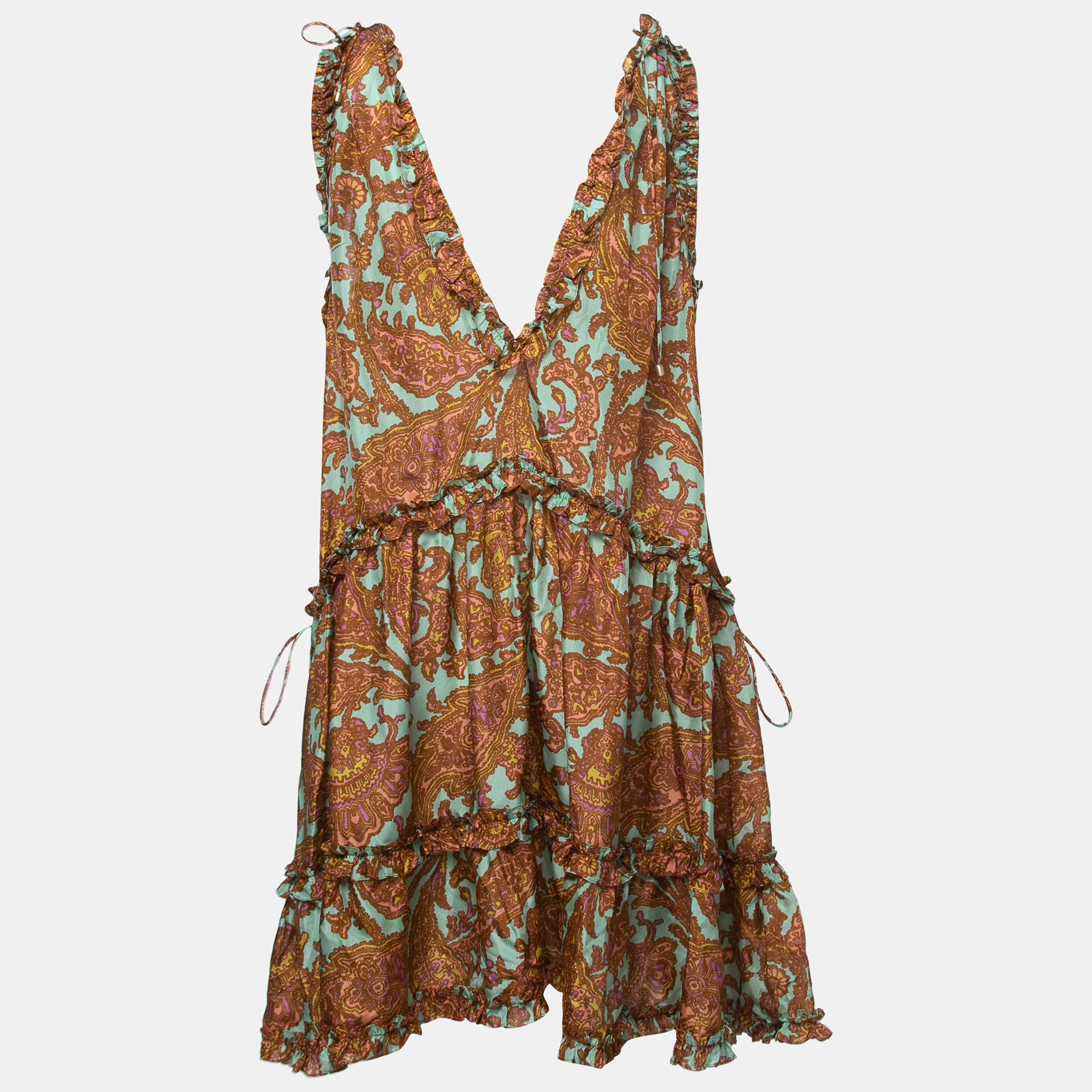 

Zimmermann Brown All-Over Print Silk Sleeveless Ruffled Mini Dress