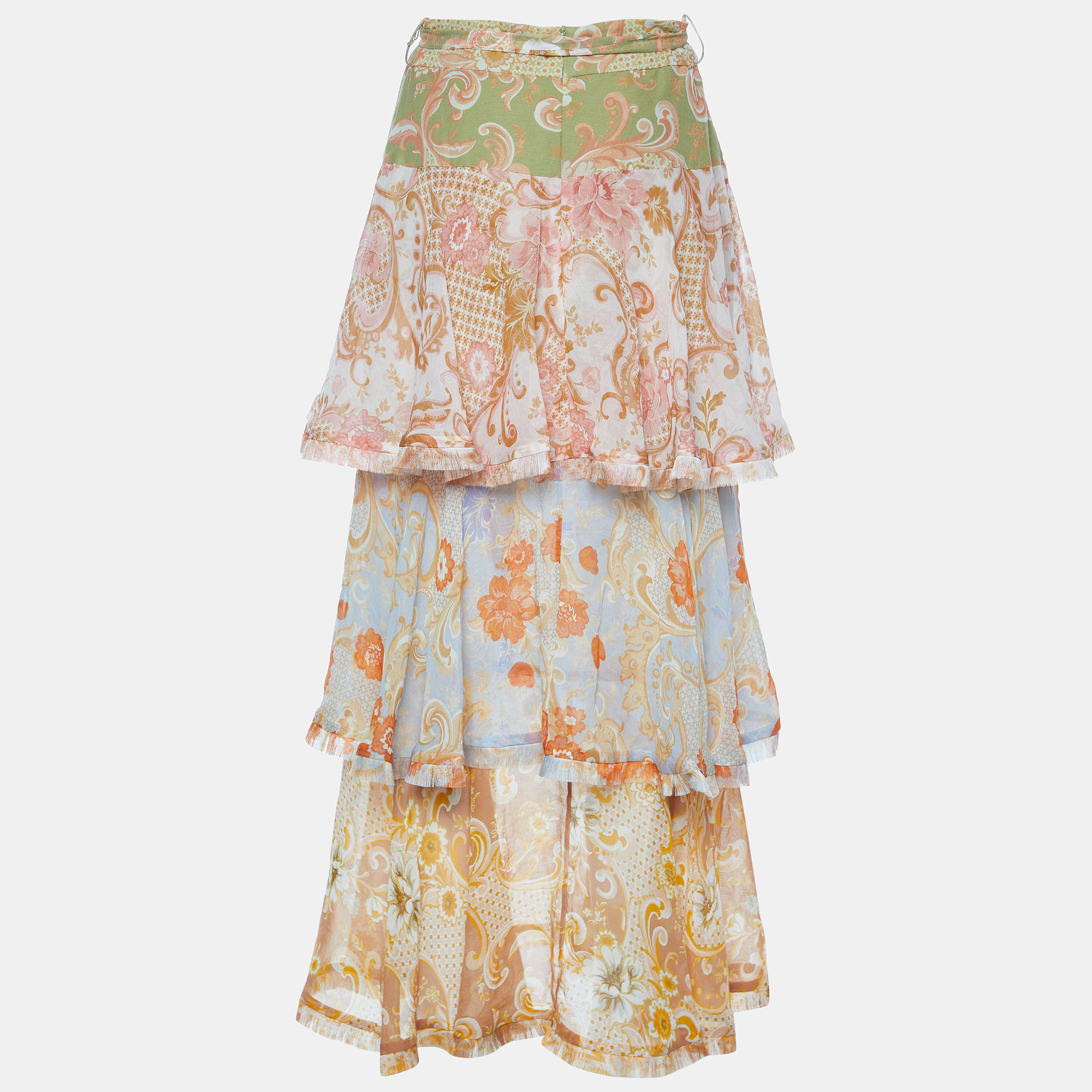 

Zimmermann Multicolor Floral Printed Cotton & Silk Ruffled Postcard Belted Midi Skirt