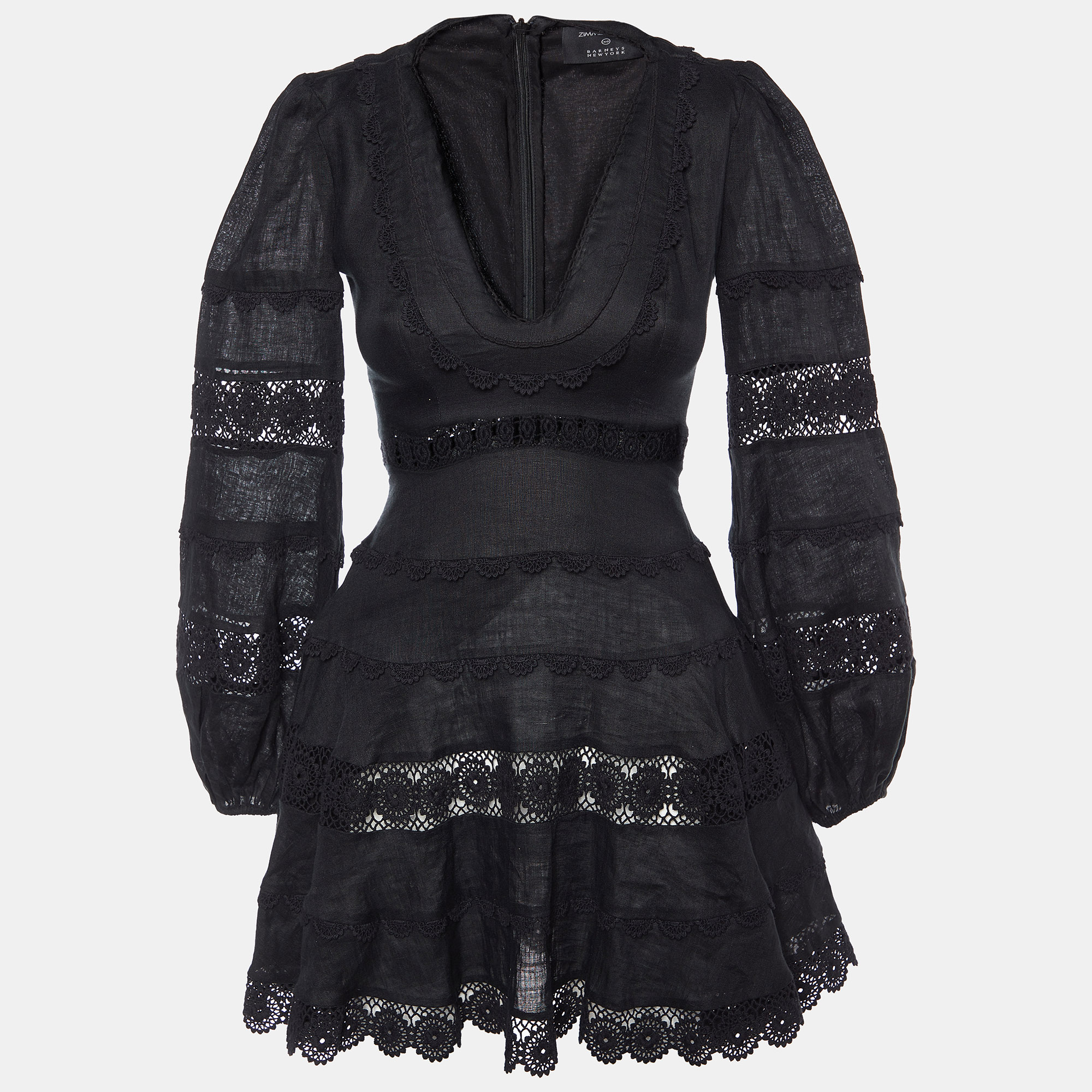 Pre Owned Zimmermann Black Linen & Lace Detail Mini Dress S