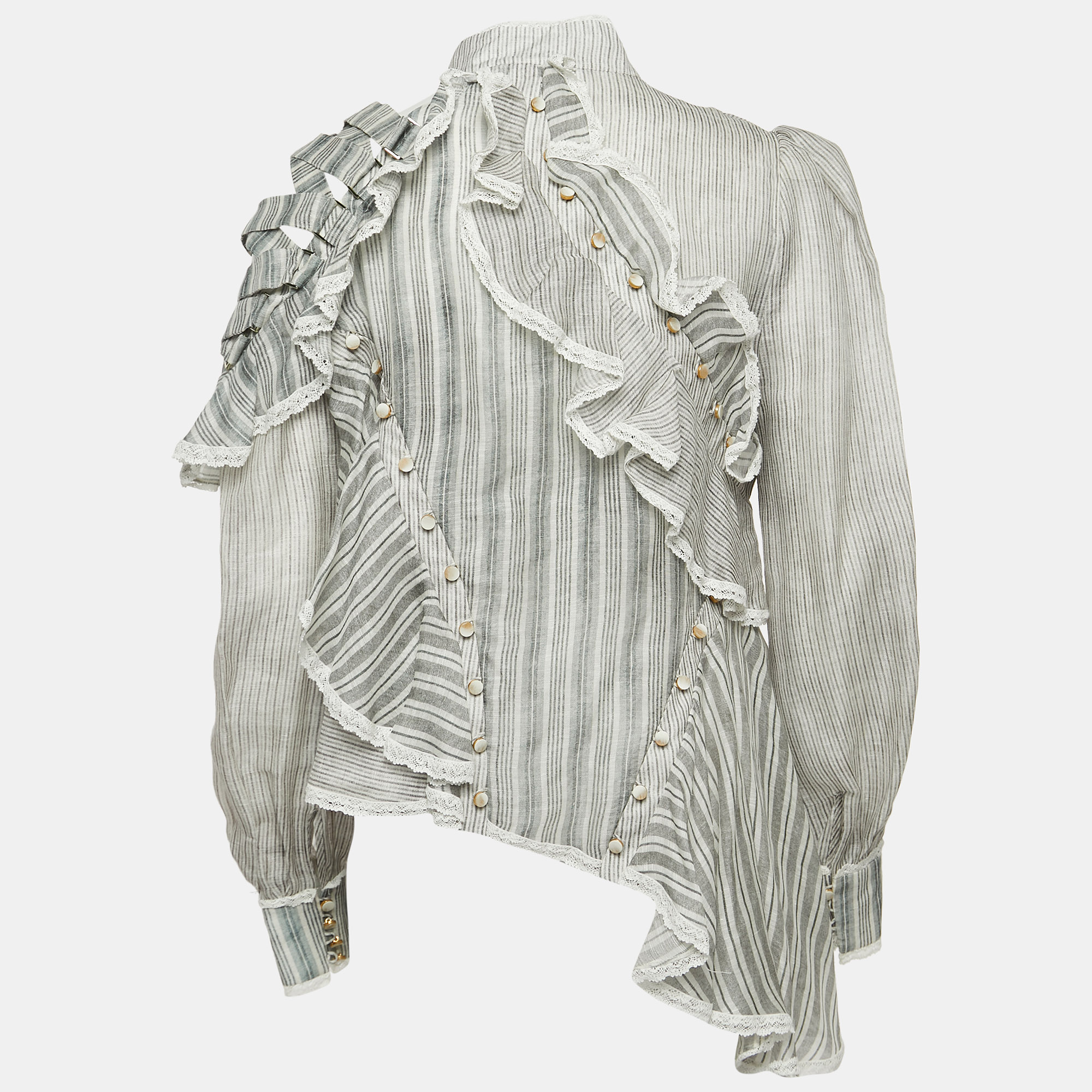 

Zimmermann White Striped Silk Blend Ruffled Long Sleeve Blouse