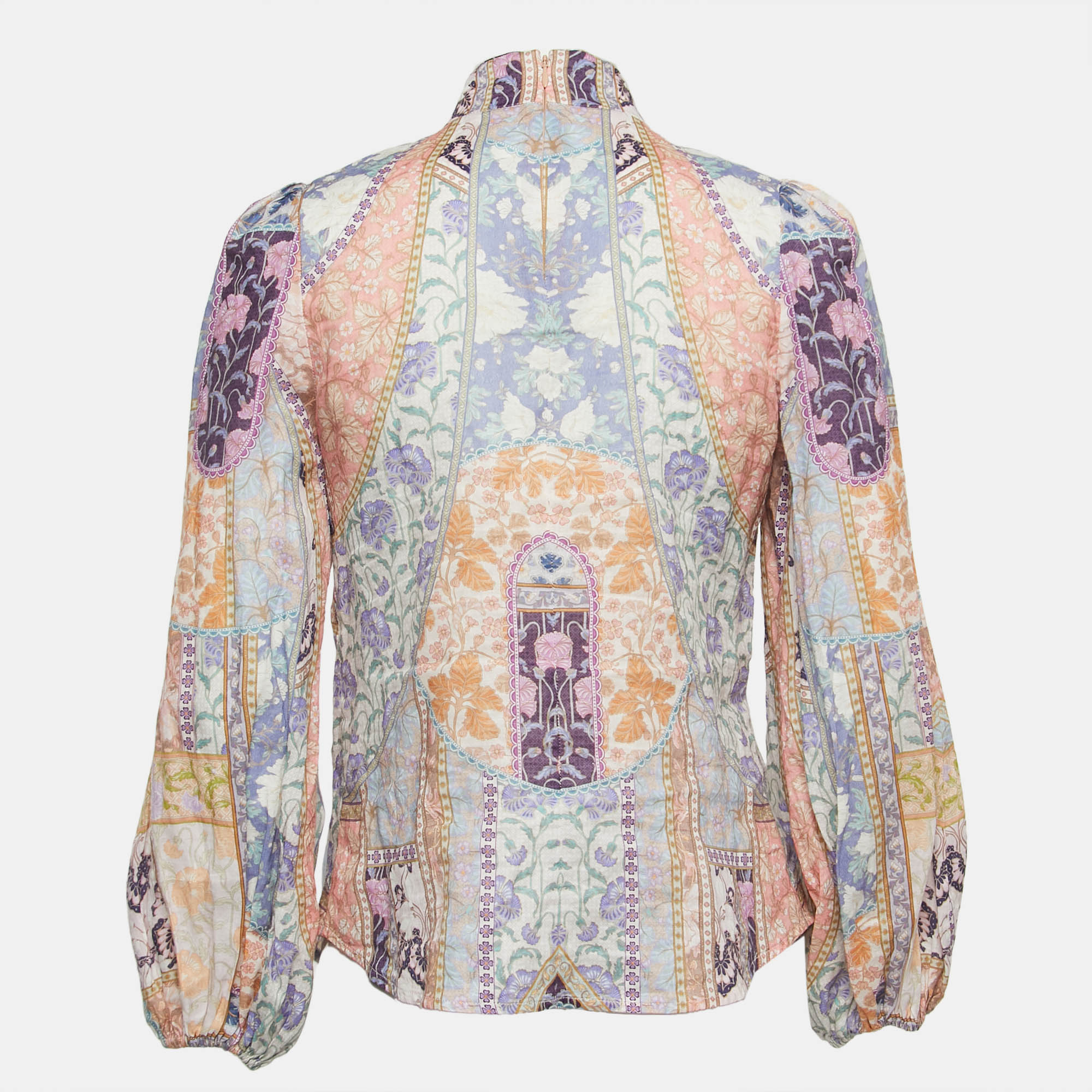 

Zimmermann Multicolor Print Ramie Embellished Buttons Long Sleeve Blouse