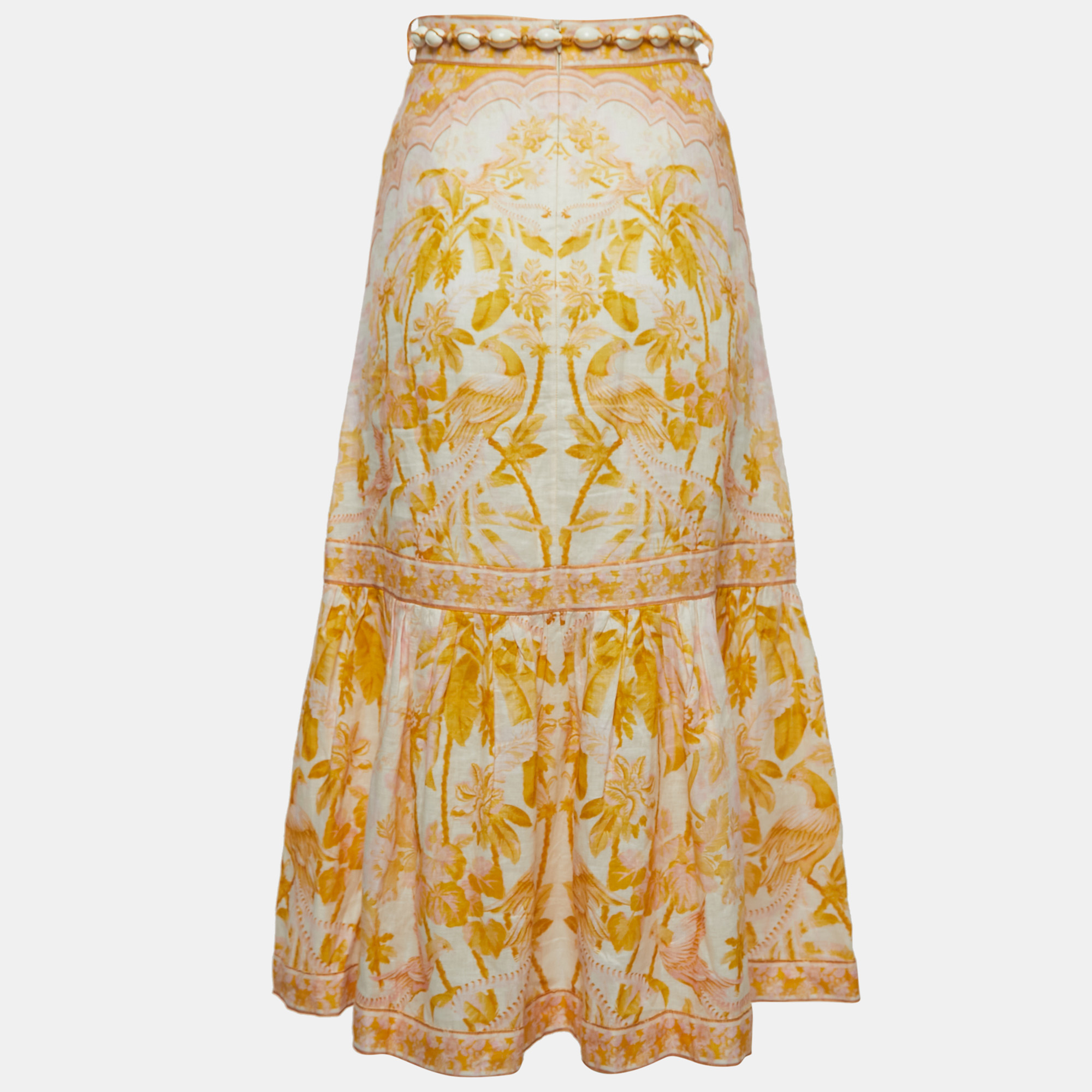 

Zimmermann Yellow Floral Print Linen Belted Midi Skirt