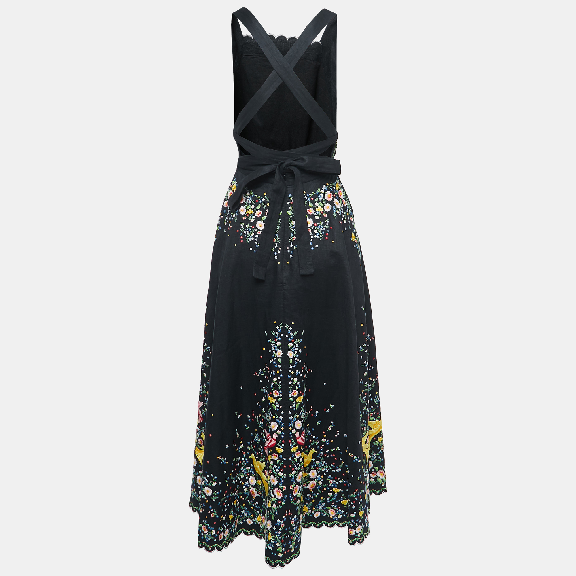 

Zimmermann Black Floral Embroidered Linen Open-Back Midi Dress