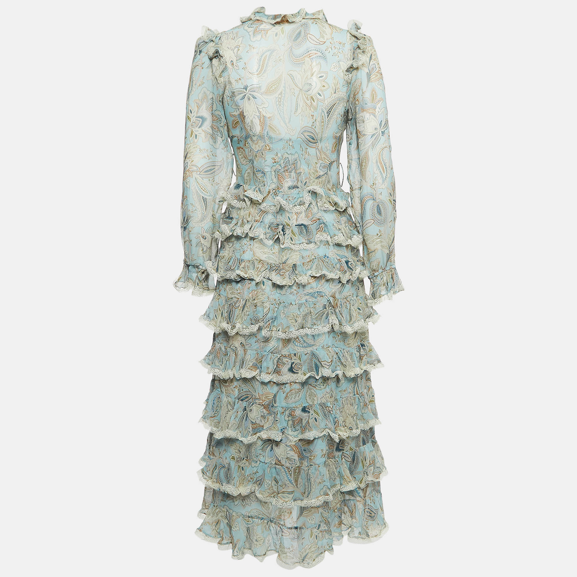 

Zimmermann Blue Paisley Print Silk Tiered Ladybeetle Midi Dress