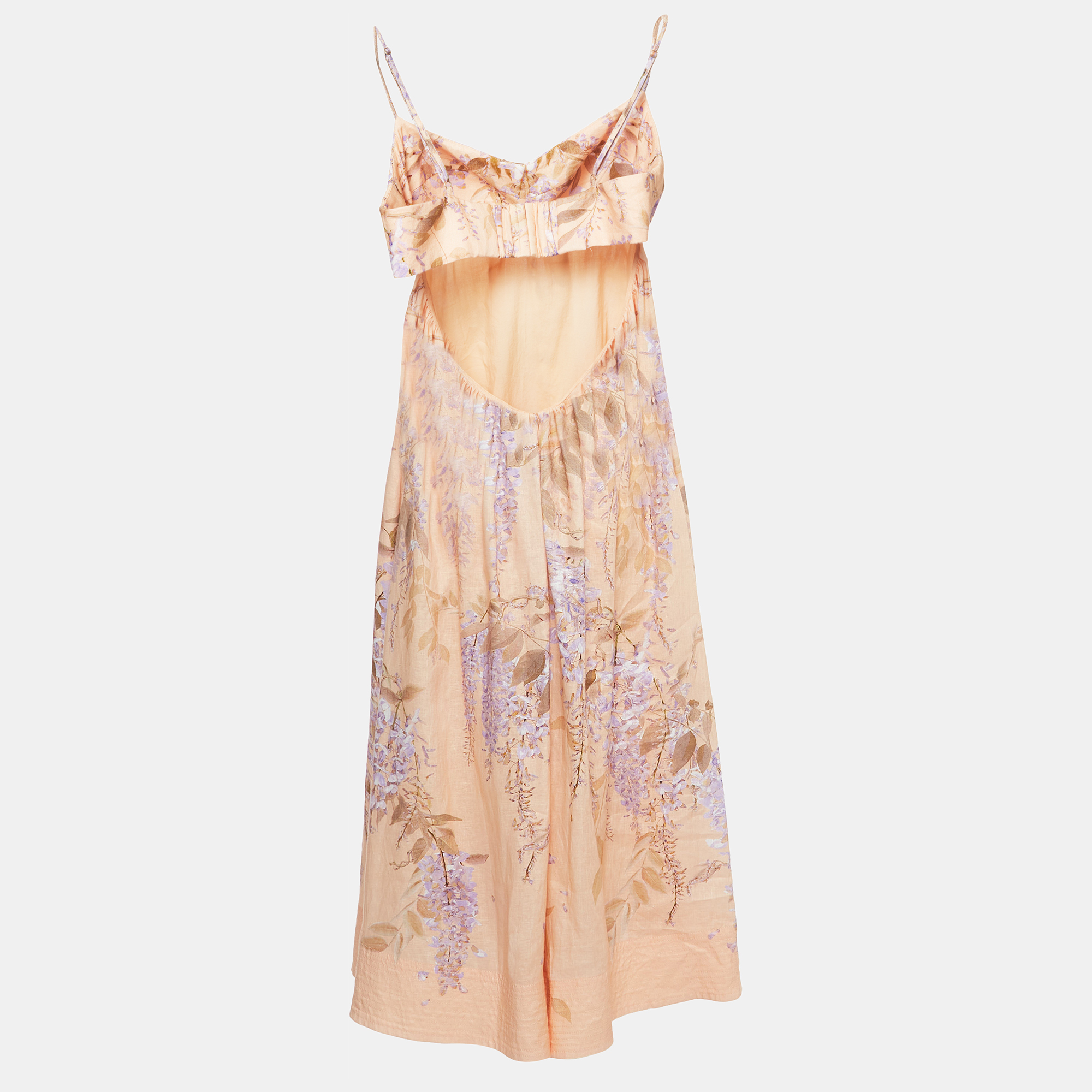 

Zimmermann Light Orange Floral Print Linen Bralette Midi Dress