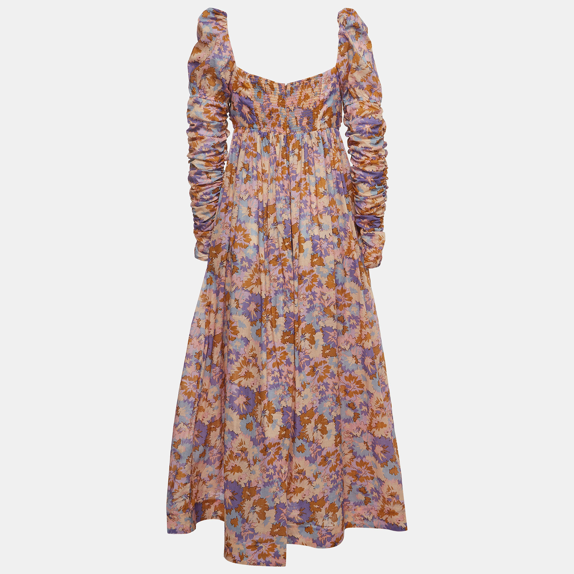 

Zimmermann Multicolor Floral Print Cotton Ruched Sleeve Midi Dress