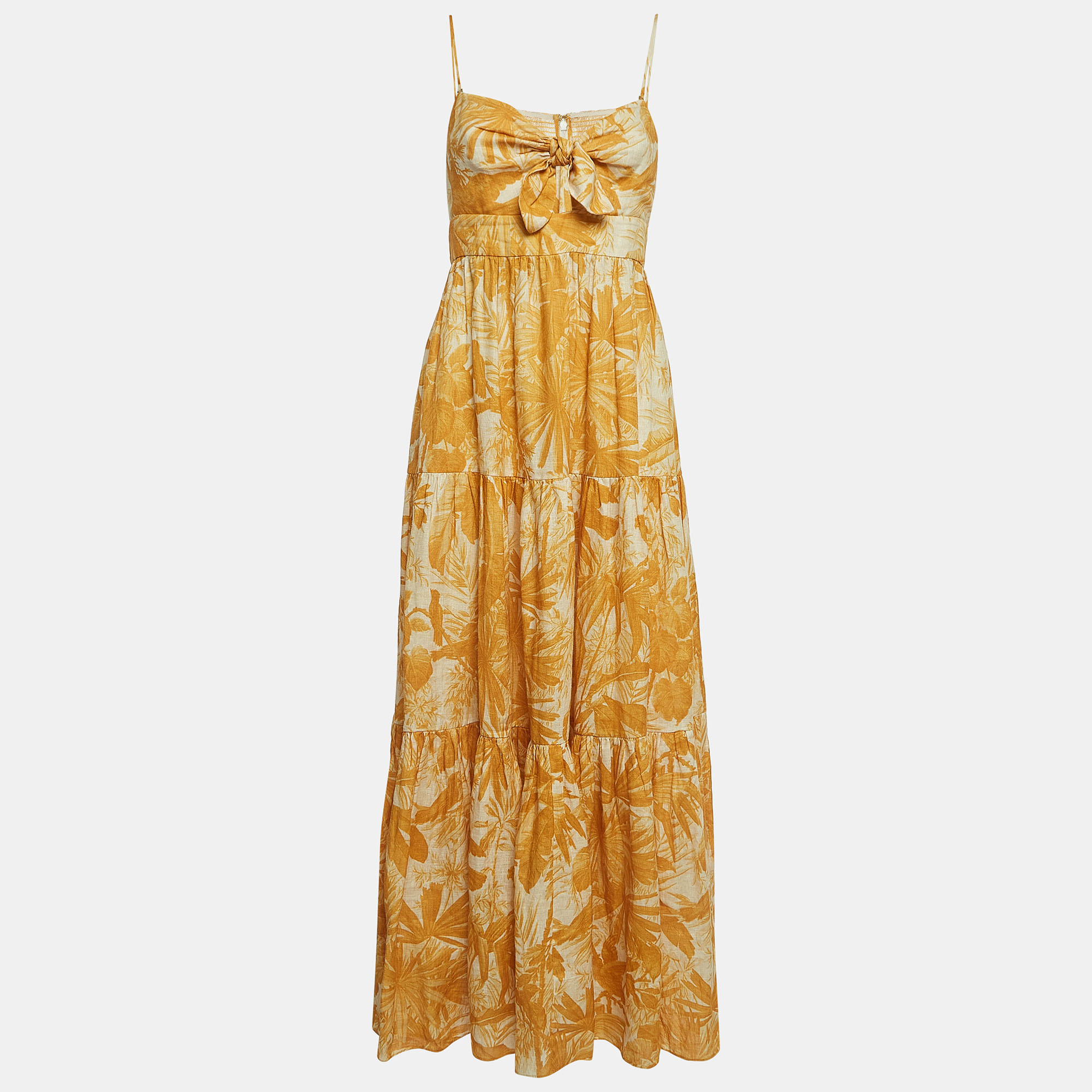Pre Owned Zimmermann Yellow Floral Print Linen Cut-Out Tie Detail Tiered Midi Dress M