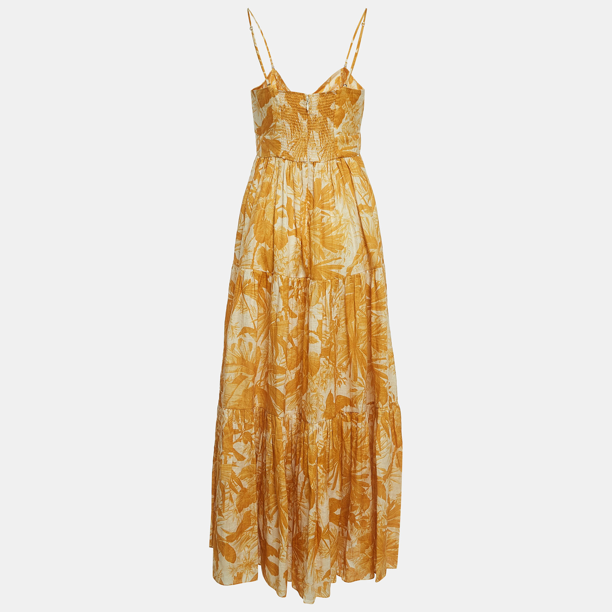 

Zimmermann Yellow Floral Print Linen Cut-Out Tie Detail Tiered Midi Dress