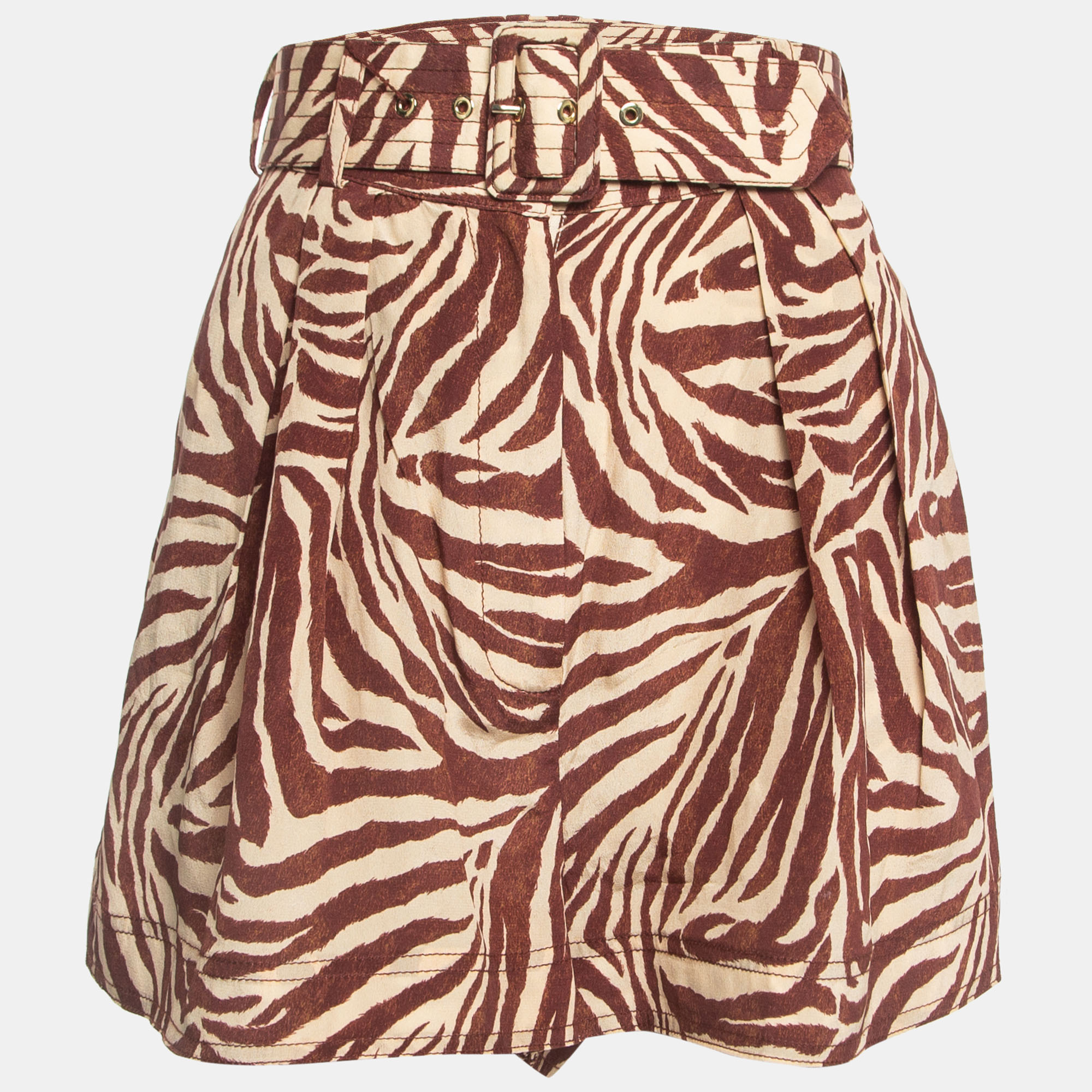 Pre-owned Zimmermann Brown Zebra Print Silk Belted Shorts M