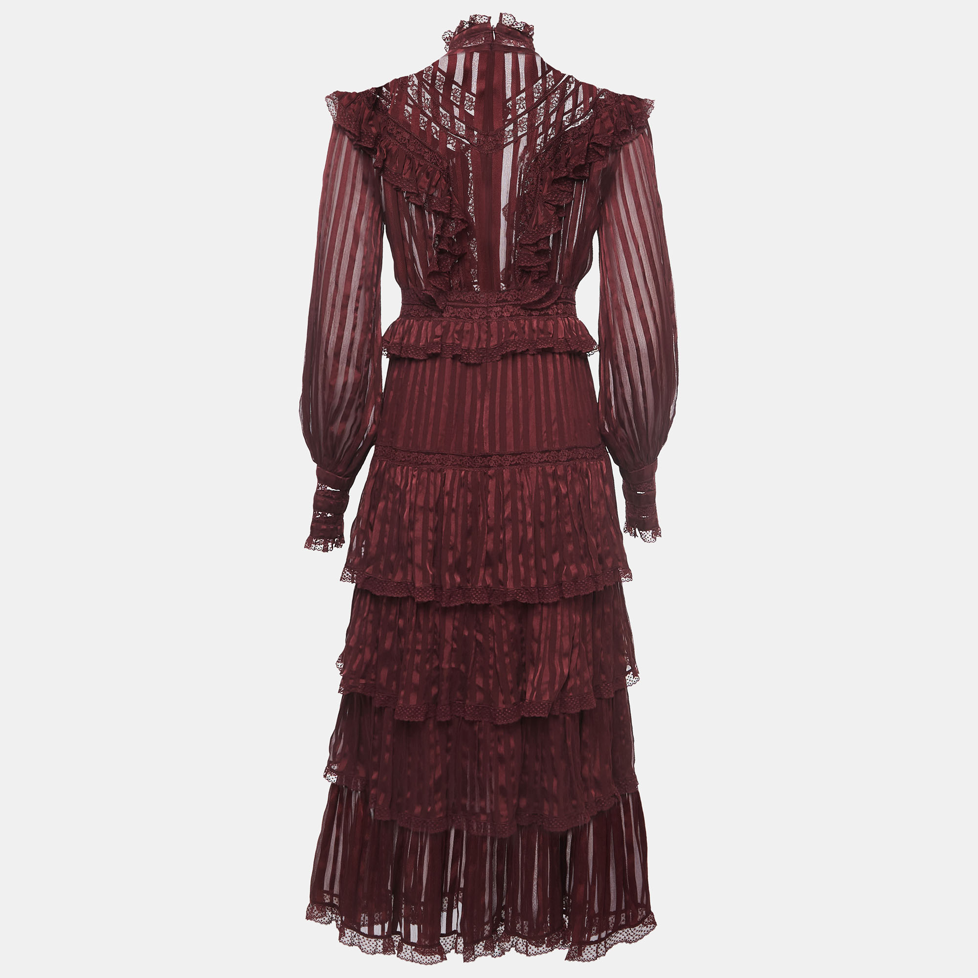 

Zimmermann Burgundy Lace Ruffled Silk Espionage Panel Dress