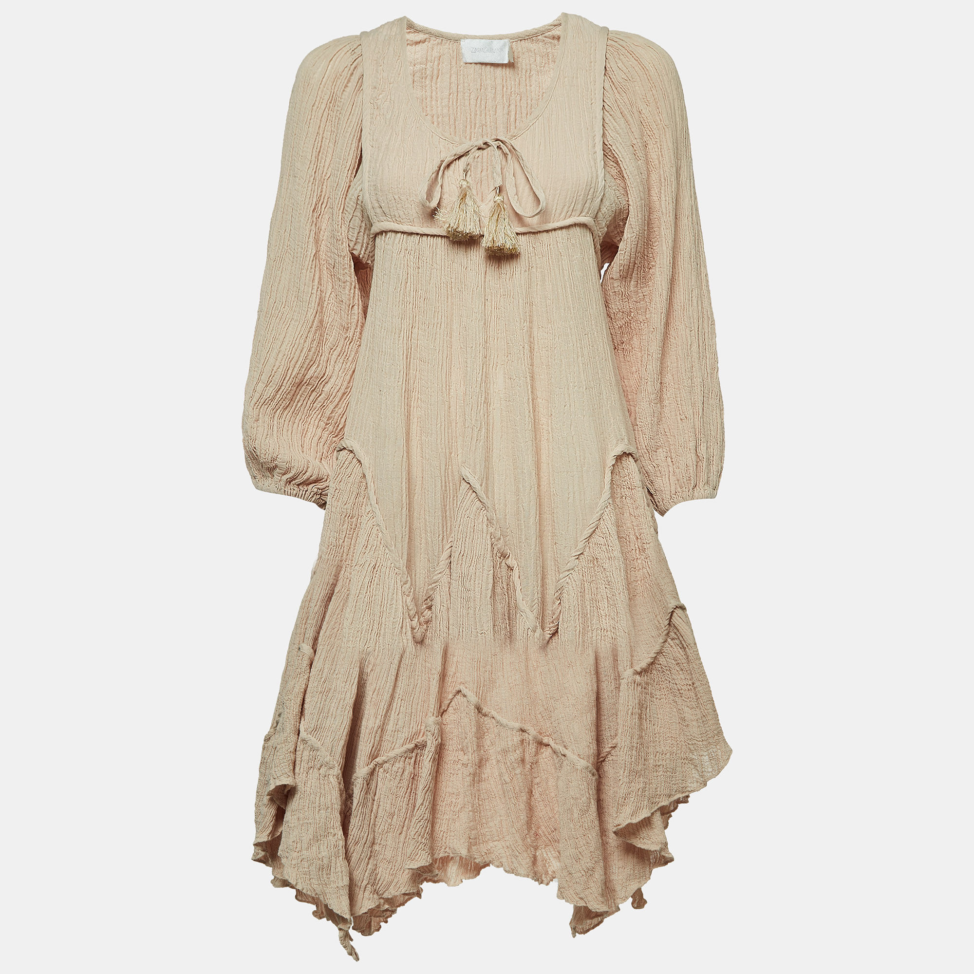 

Zimmermann Bayou Beige Crinkled Ramie And Cotton Asymmetric Tiered Dress