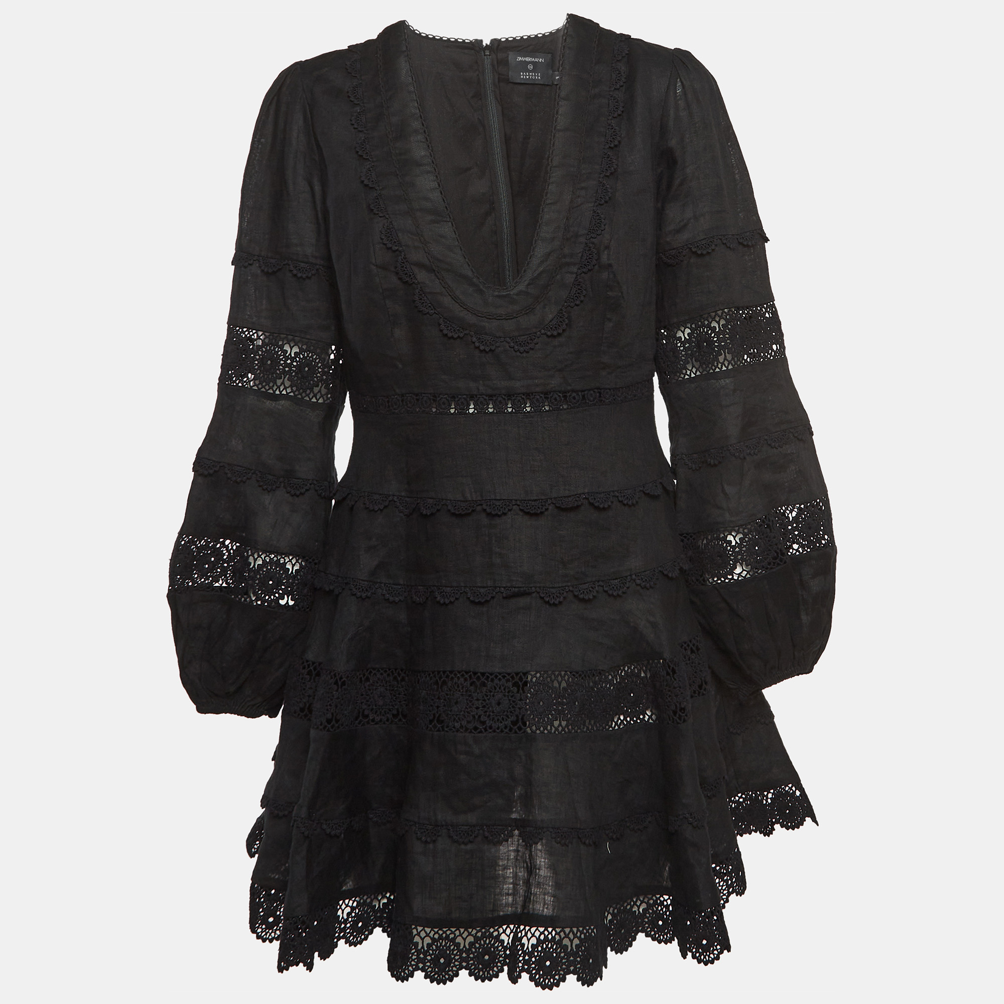 Pre-owned Zimmermann X Barneys Black Lace Trim Linen Tiered Mini Dress L