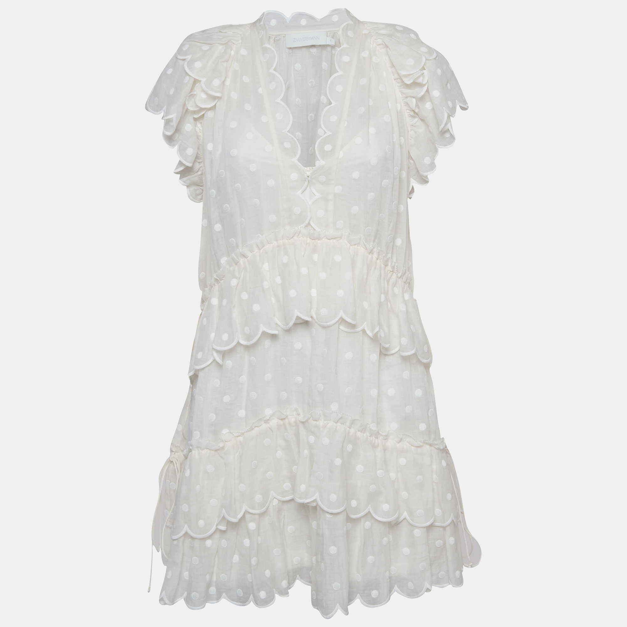 

Zimmermann White Polka Dots Embroidered Ramie Tiered Mini Dress