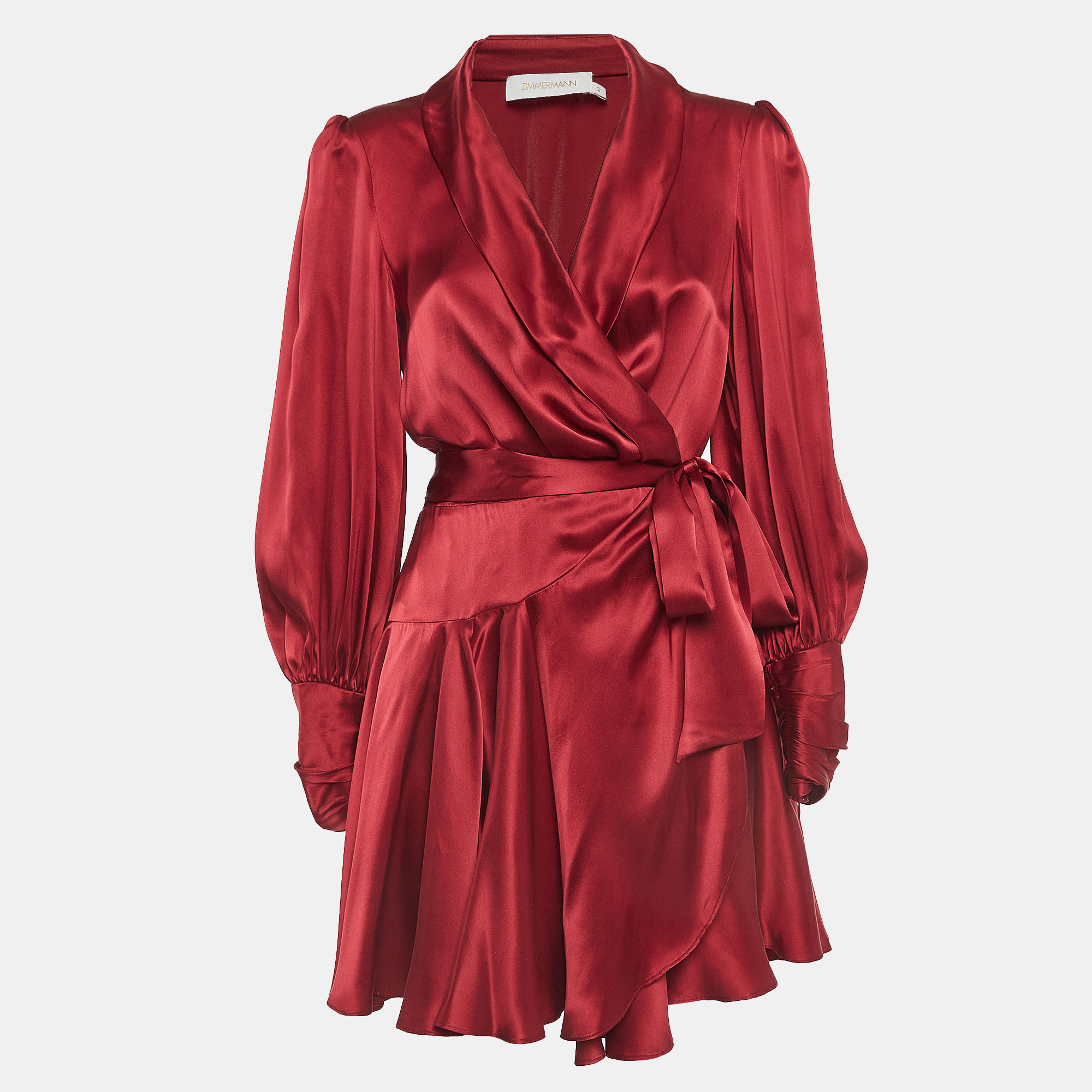 Pre-owned Zimmermann Red Silk Satin Blouson Sleeve Mini Wrap Dress M
