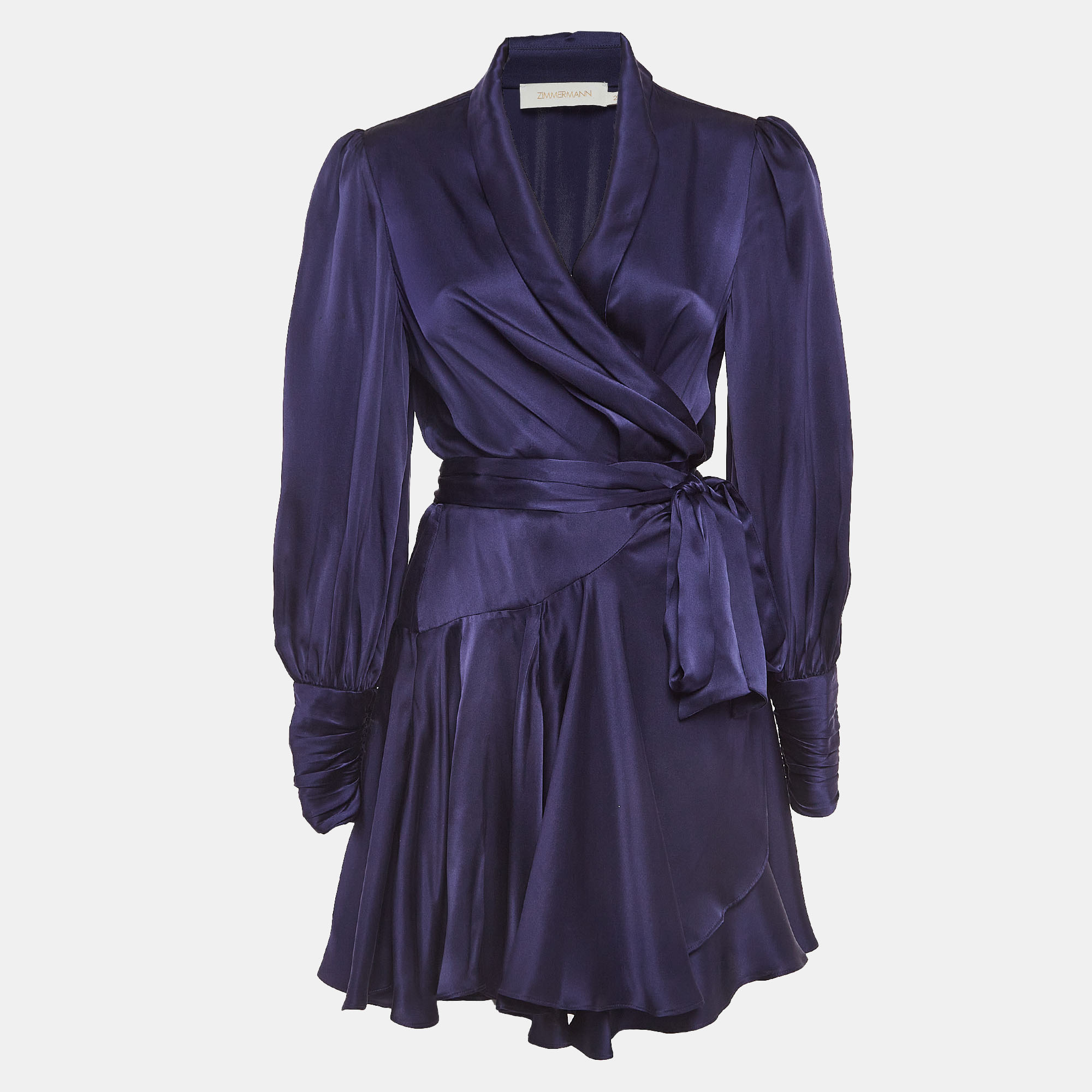 Pre-owned Zimmermann Blue Silk Satin Blouson Sleeve Mini Wrap Dress M