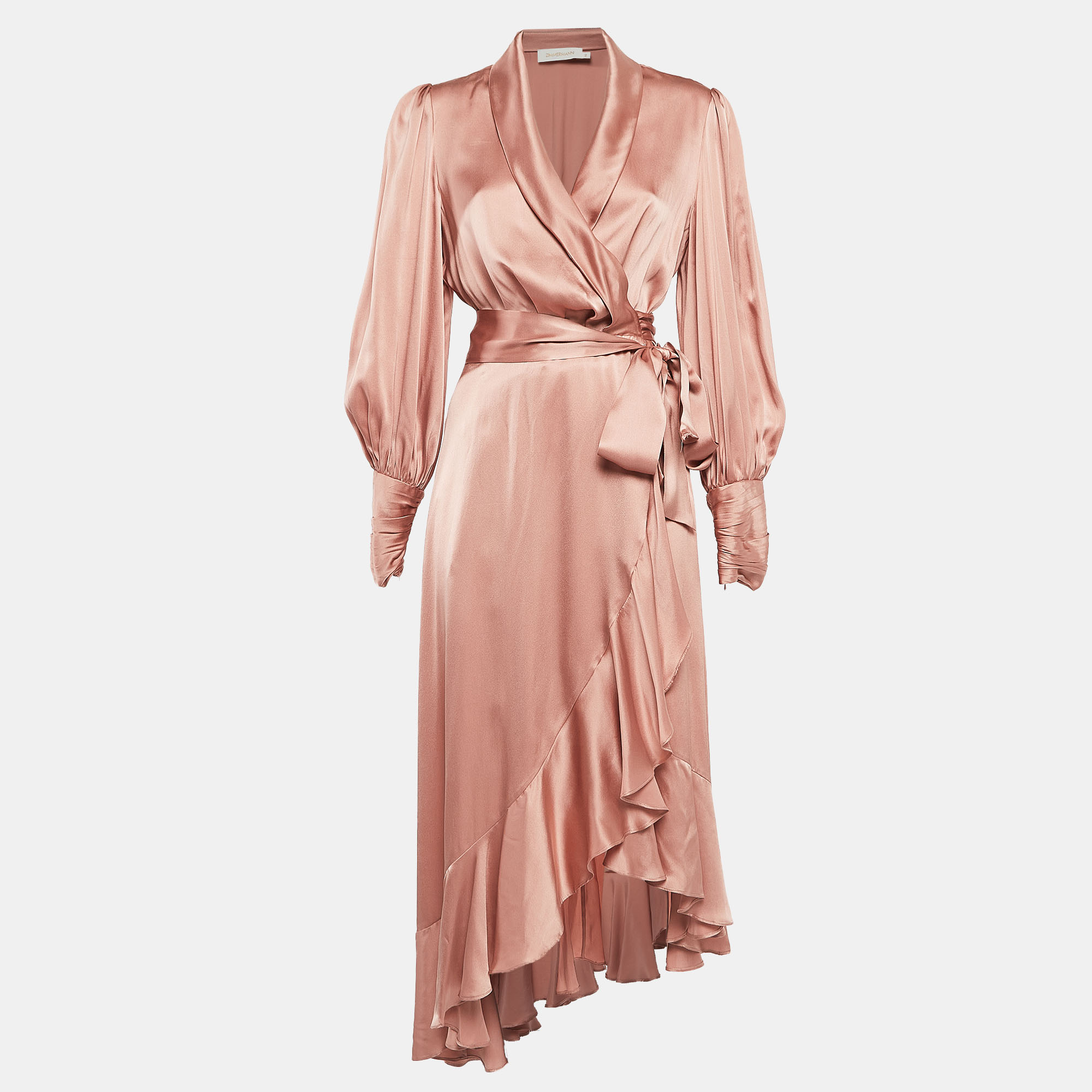 Pre-owned Zimmermann Pink Silk Satin Blouson Sleeve Asymmetric Midi Wrap Dress M